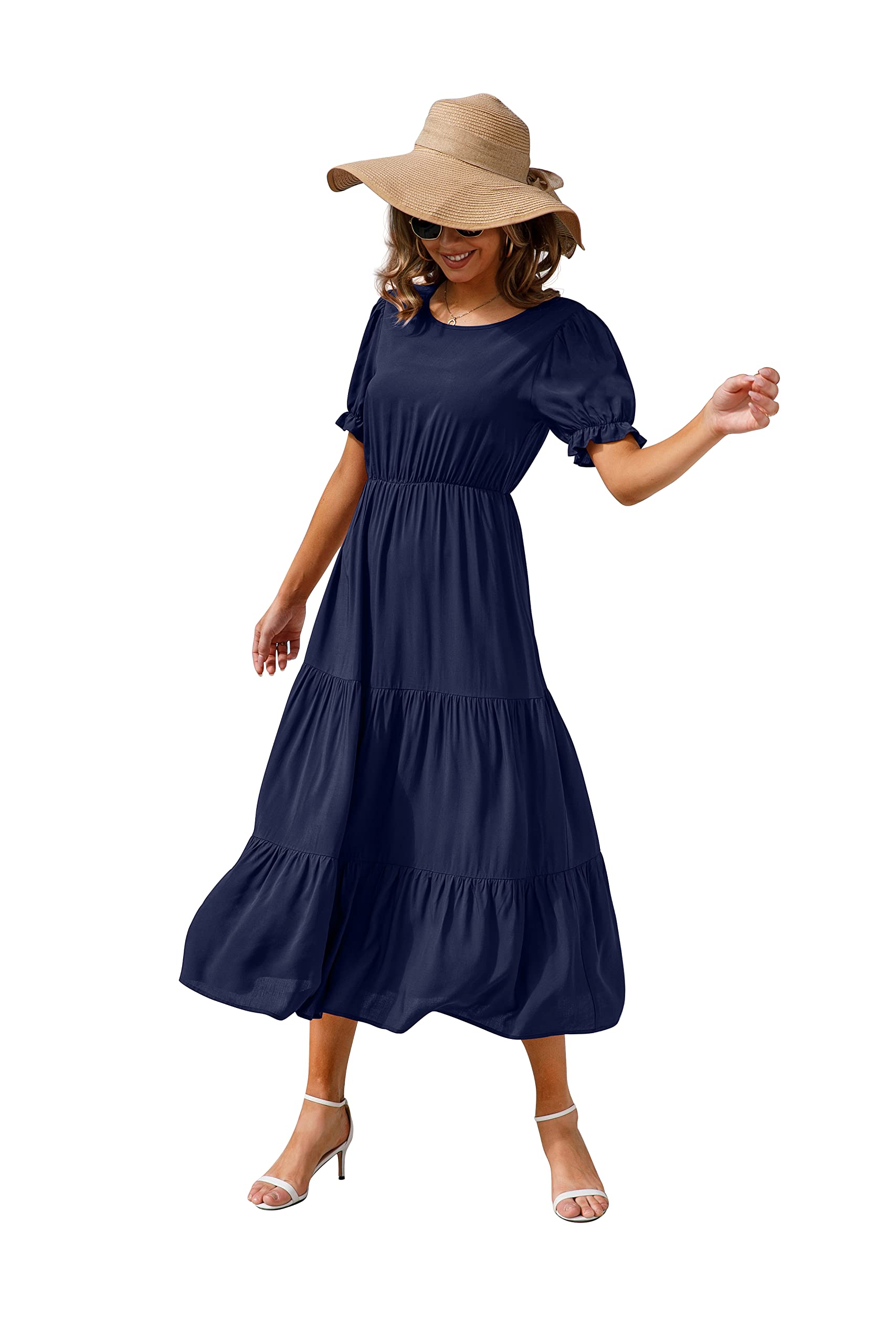 GRECERELLE Women's 2025 Spring Summer Casual Boho Dress - Loose Crewneck, Ruffle Puff Sleeve, High Waist Midi Dress for Beach, Vacation & Summer Outings