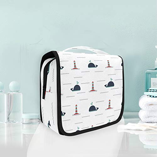 Waterproof Hanging Travel Toiletry Bag with Lighthouse & Whale Pattern - Large Cosmetic Organizer for Men & Women - Perfect for Camping, Gym, Business Trips & Vacation Essentials Storage