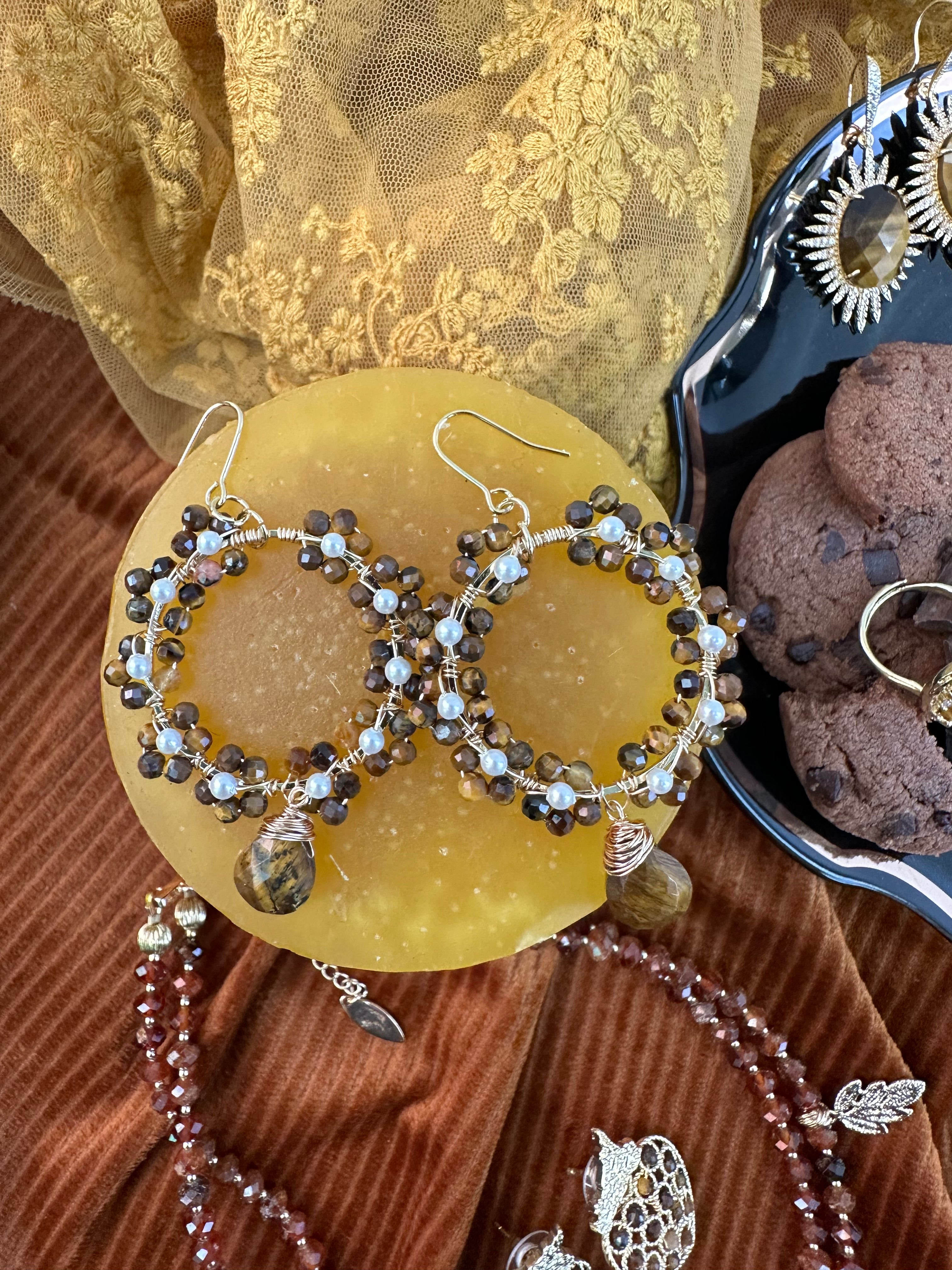 Tiger Eye Stone Handcrafted Flower Dangle Earrings KE016 - Elegant Boho Jewelry for Women, Perfect for Parties, Weddings & Everyday Wear