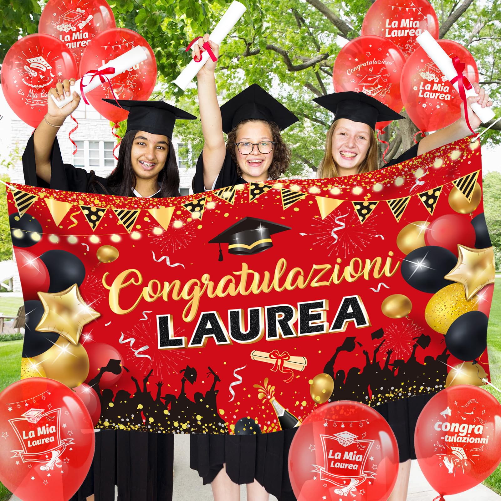 DPKOW 2025 Graduation Banner - Italian Themed Large Red Fabric Congratulations Flag (180x110cm) - Perfect for University Graduation Party Decorations & Celebration Backdrop