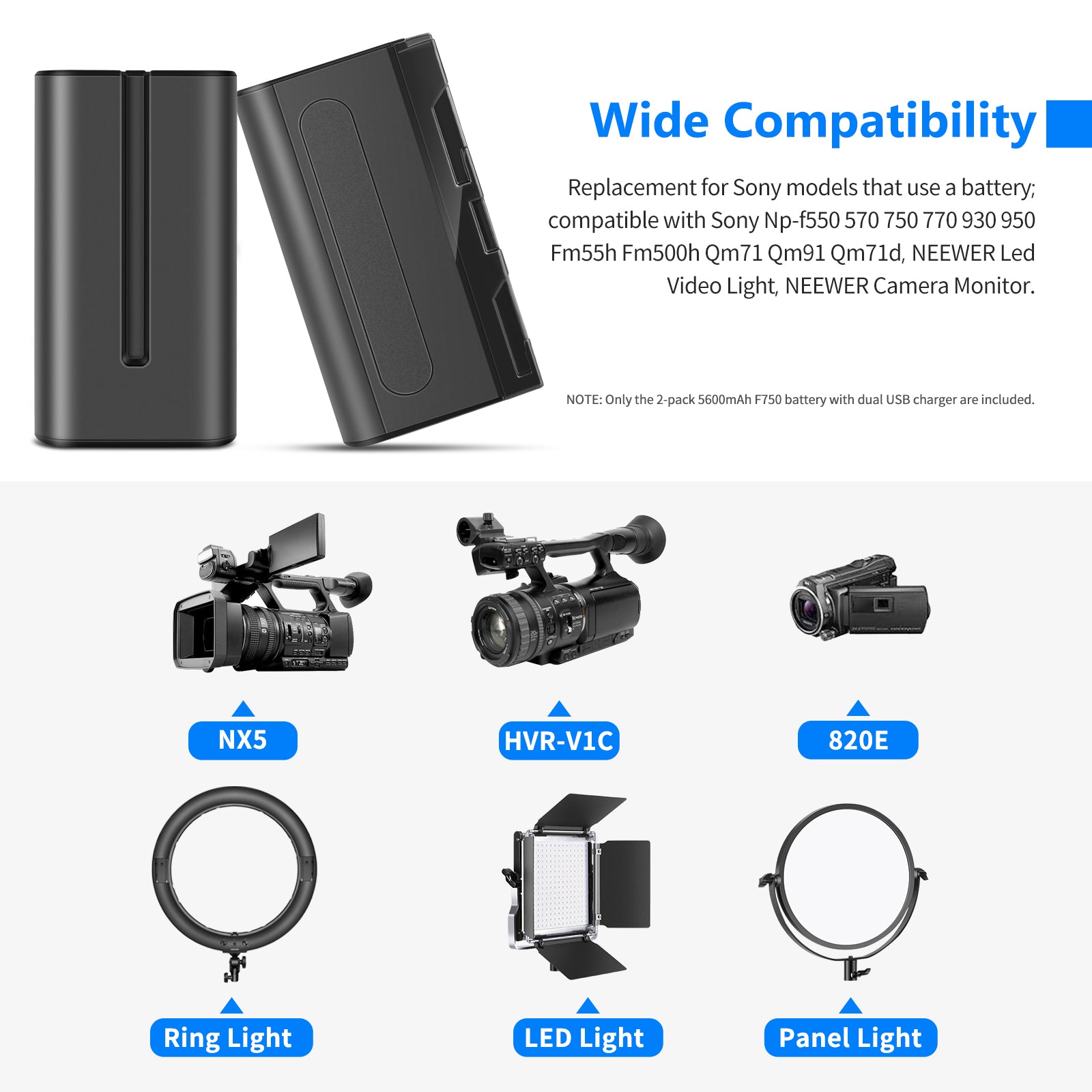 NEEWER NP-F750 2-Pack 5600mAh Replacement Battery for Sony Cameras - Perfect for Sony Alpha, Handycam & Digital Cameras (Extended Shooting & Travel Photography)