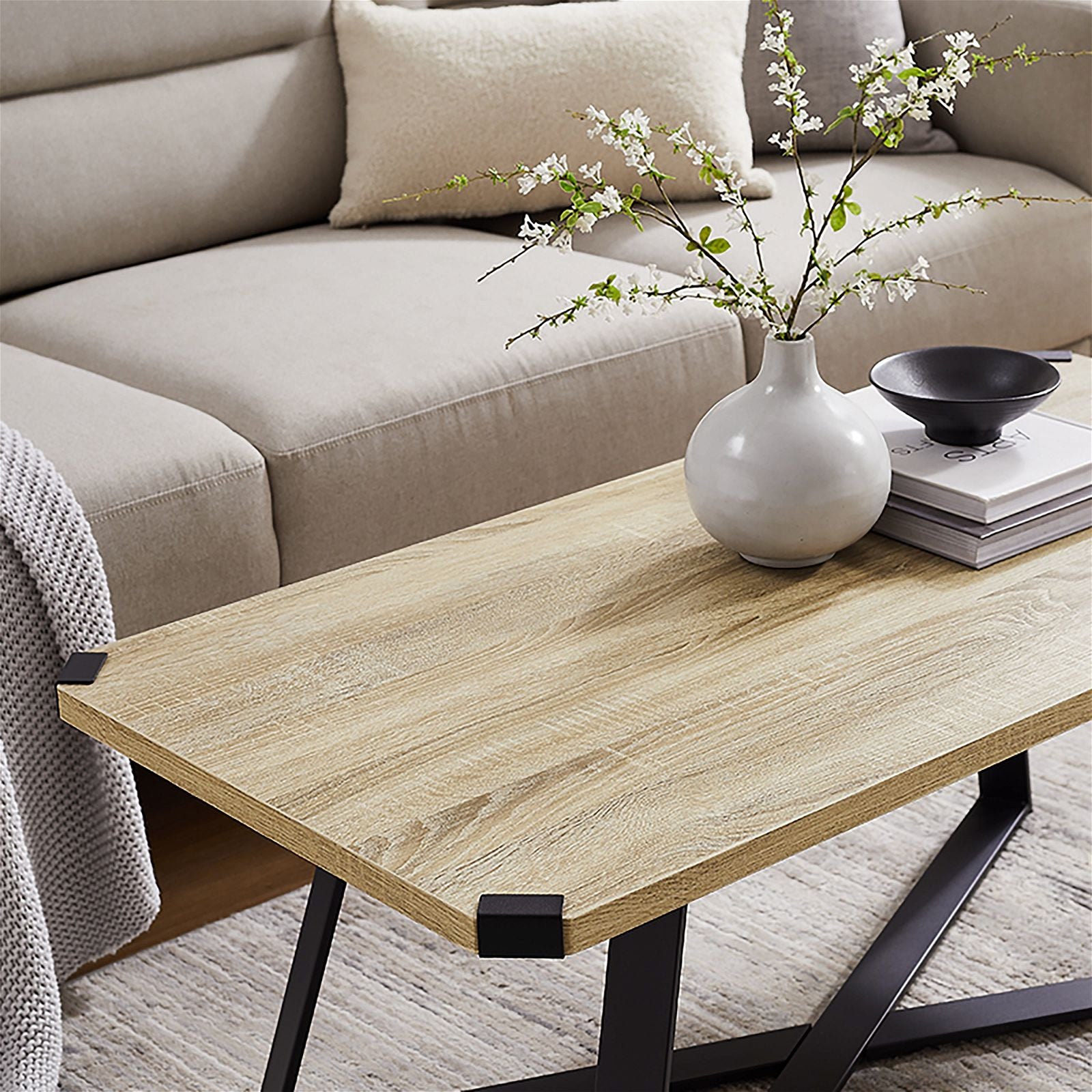 Criterionâ¢ 43-Inch Capri Coffee Table with Black Metal Legs & Oak Top - Modern Living Room Center Table for Home Decor & Entertaining