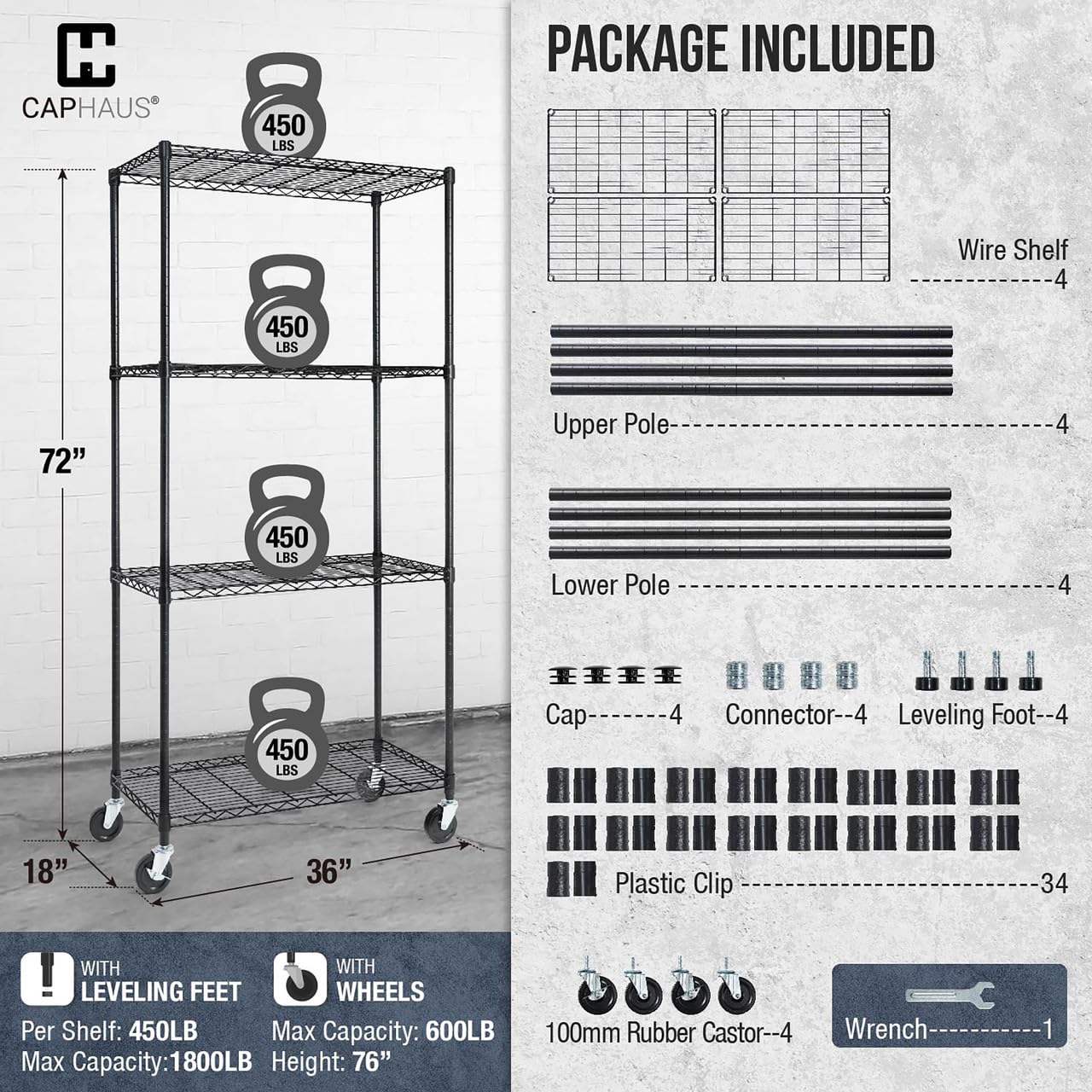 Heavy Duty Adjustable 4-Tier Commercial Wire Shelving with Wheels & Leveling Feet - NSF Certified Metal Utility Rack for Kitchen, Garage & Storage (Black, 36