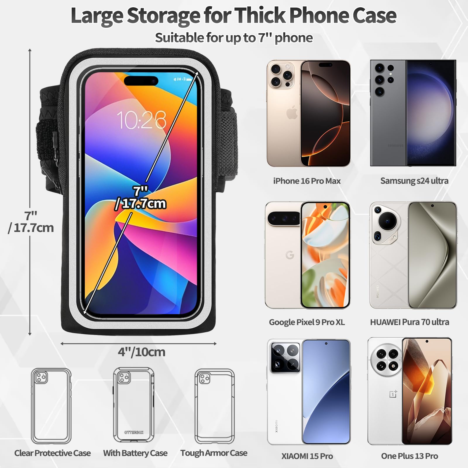 Running Armband for iPhone & Samsung Galaxy - Adjustable Wristband Phone Holder with Card Slot for iPhone 15 Pro Max/14/13/12/11/X & Galaxy S24/S23/S10 (Fits Up to 7