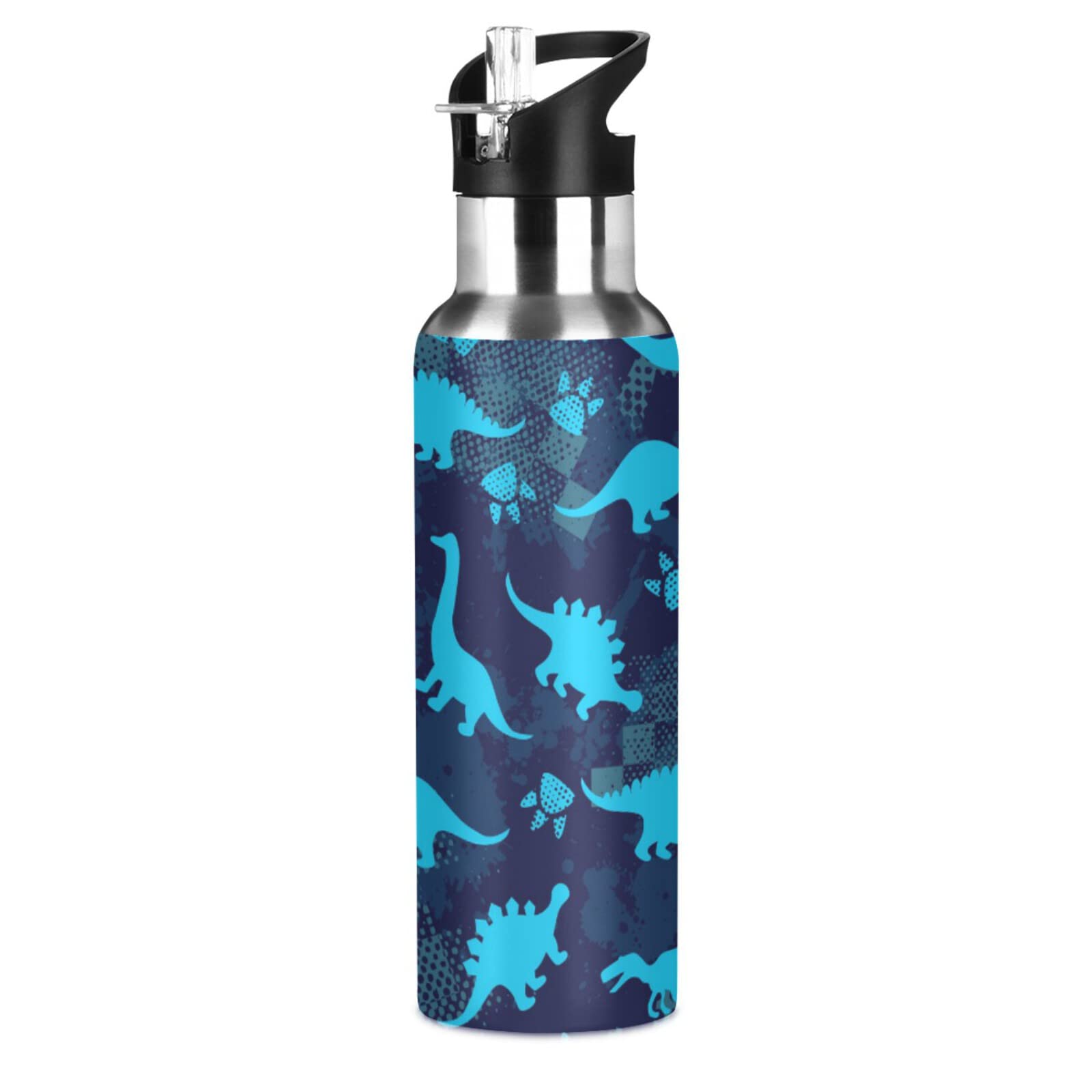 Qilmy 20 oz Stainless Steel Vacuum Insulated Water Bottle with Straw Lid - Dinosaur Design for Kids | Leakproof Thermos for School, Sports & Outdoor Activities
