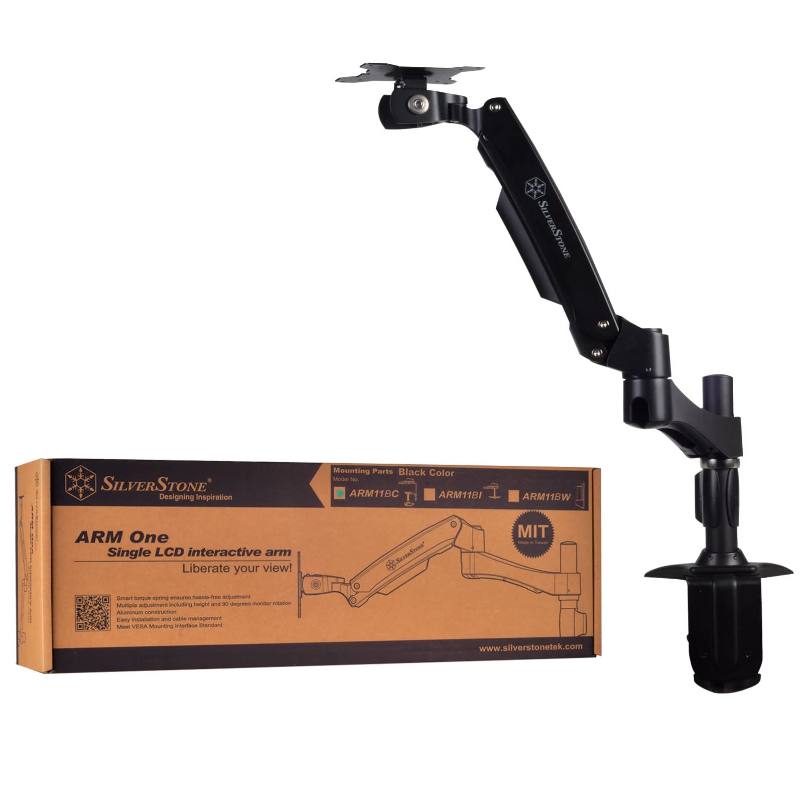 SilverStone Technology ARM11BC Articulating Monitor Mount - Adjustable Single Arm Desk Stand for Computer Screens, TAA Compliant | Perfect for Home Office, Gaming Setup & Workspace Ergonomics