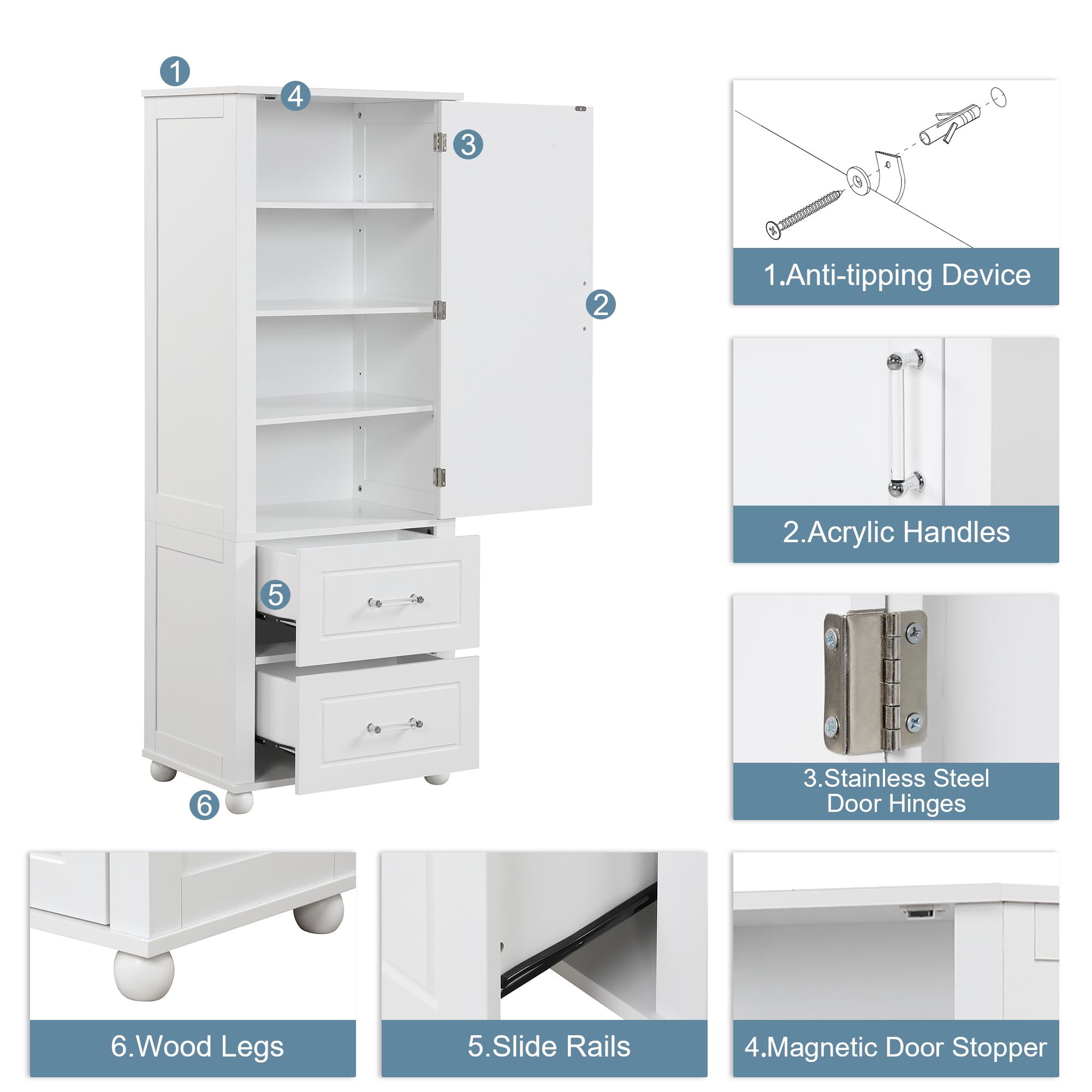 LZ LEISURE ZONE Tall Bathroom Storage Cabinet with 2 Drawers & Adjustable Shelf - Freestanding Bathroom Organizer for Home, Kitchen, Living Room - Anti-Tip Design, White - Perfect for Small Space Organization & Bathroom Essentials Storage