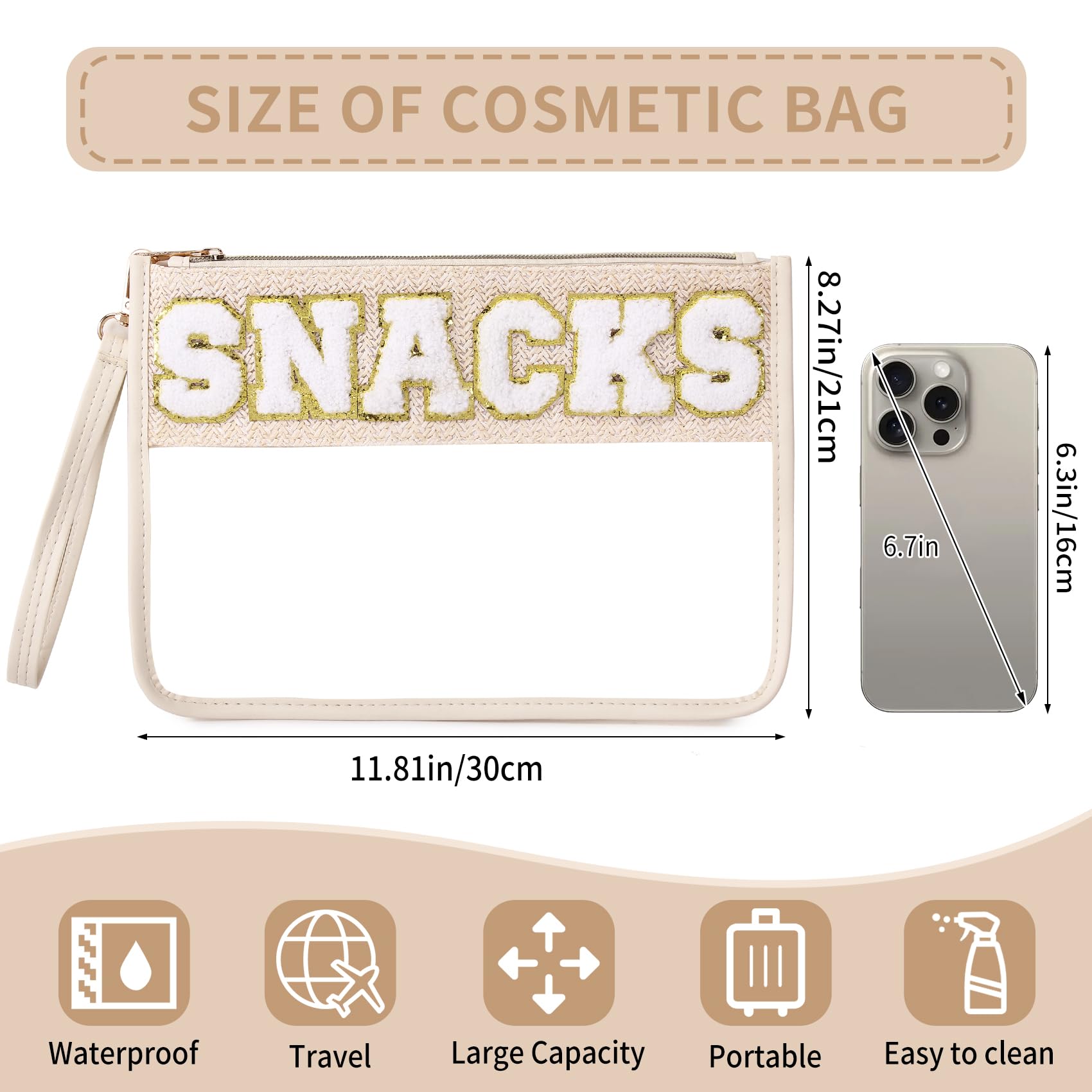Chenille Letter Clear Zipper Pouch - Travel Organizer, Snack Storage & Cosmetic Bag for Women | Perfect for Beach Trips, Makeup Storage & Toiletry Organization