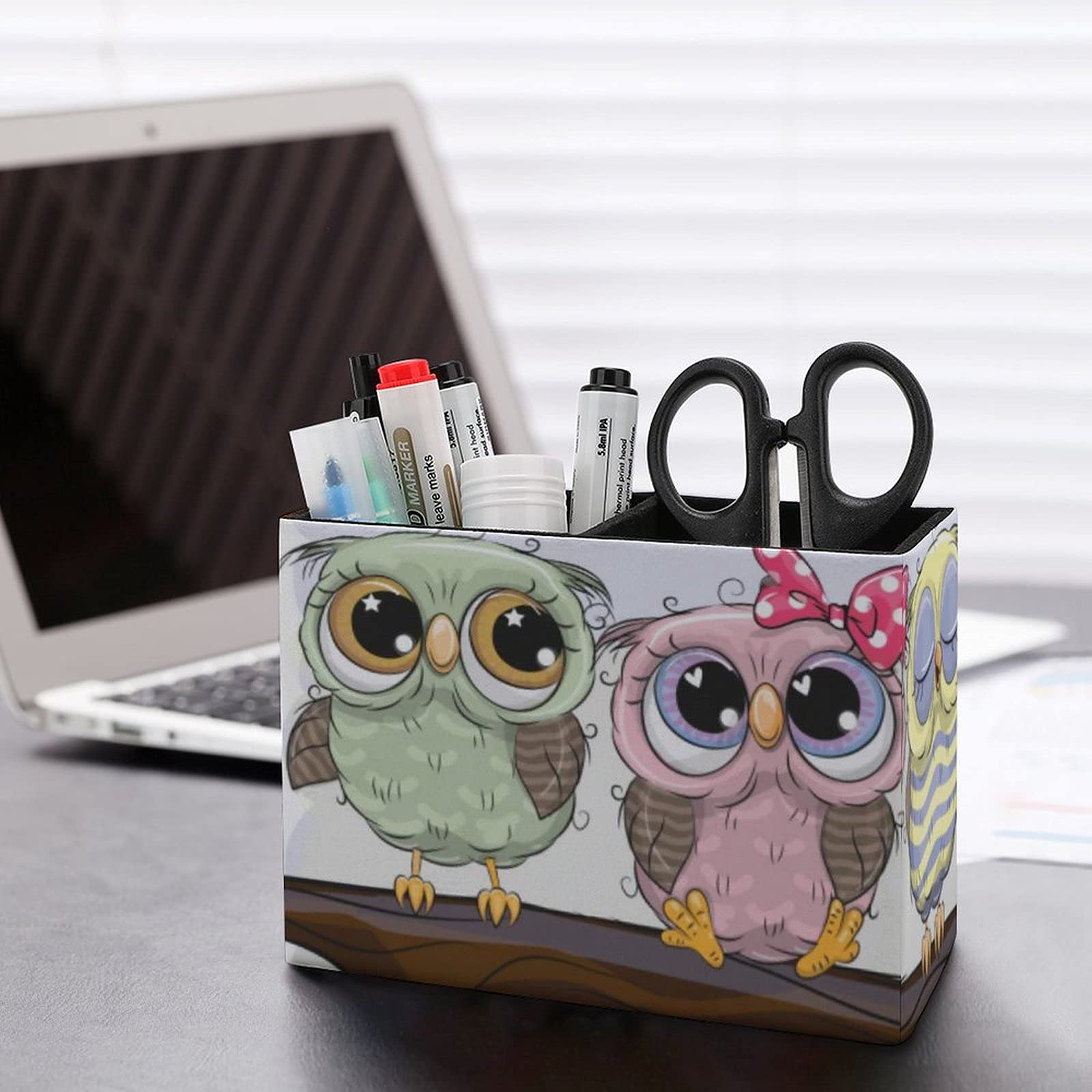 Stylish Leather Pen Holder with 5 Cute Owls on Branch - Desk Organizer for Pens, Brushes & Office Supplies | Perfect for Home, Office & School Workspace Organization