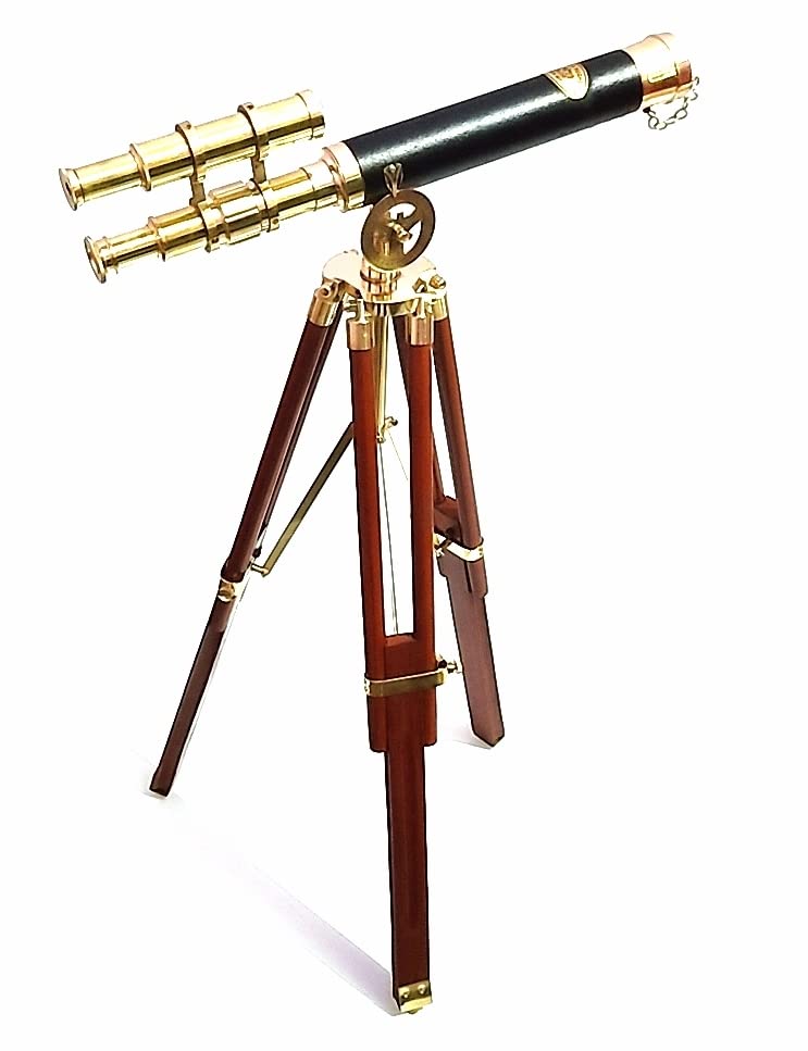 Vintage Brass Nautical Telescope with Adjustable Wooden Tripod Stand - 16 Inch Working Maritime Spyglass for Sailing, Bird Watching & Home Decor
