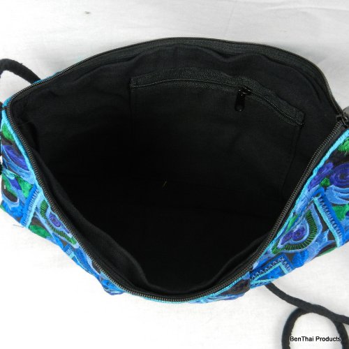 BTP! HMONG Tribal Embroidered Crossbody Bag - Handmade Hill Tribe Bird Design Shoulder Purse in Blue | Perfect for Festivals, Travel & Boho Fashion (HMSP5)