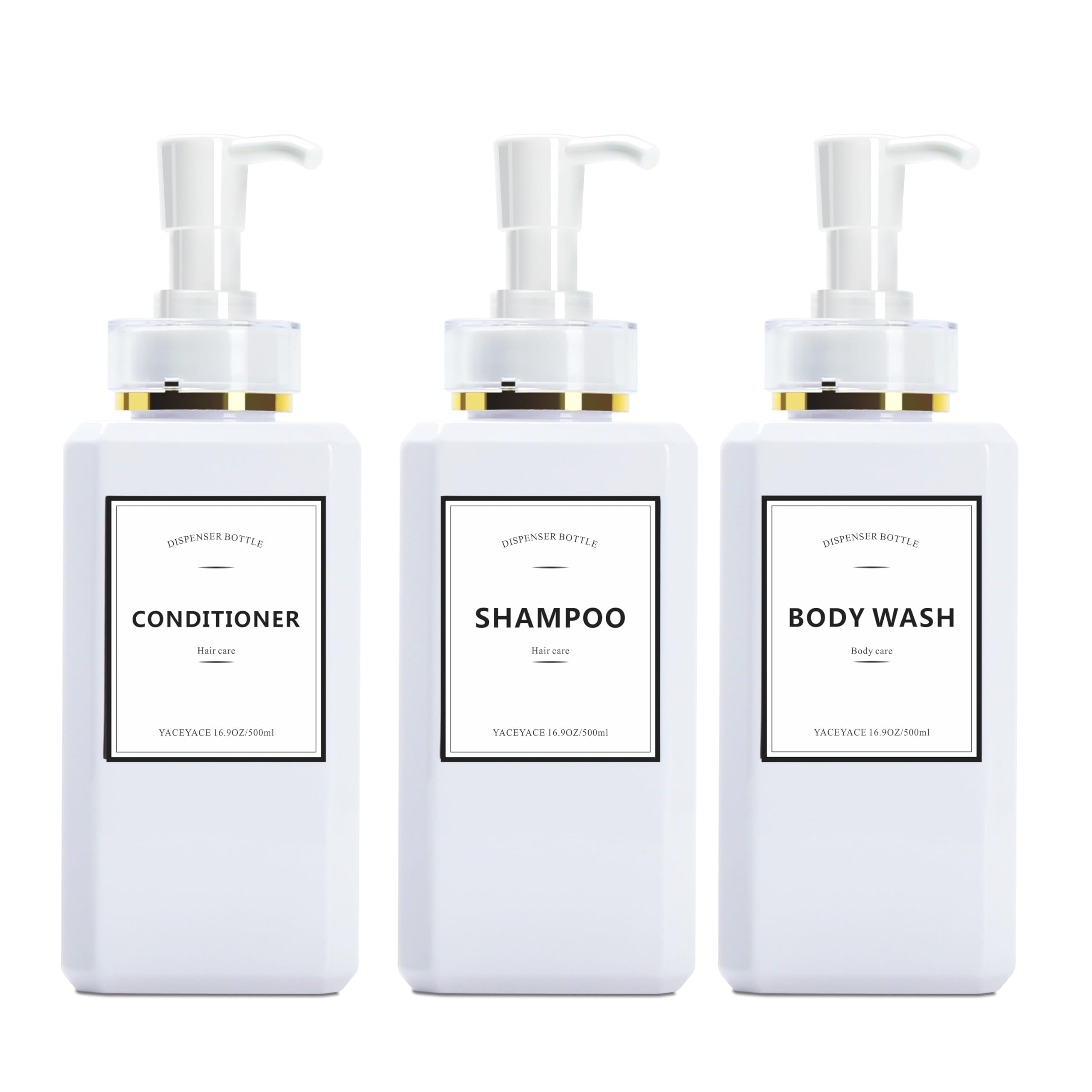 YACEYACE 16.9oz Refillable White Shampoo & Conditioner Dispenser Set of 3 - Elegant Empty Shower Bottles with Pump for Bathroom, Lotion, Soap - Perfect for Salon, Spa, Hotel & Home Bath Organization