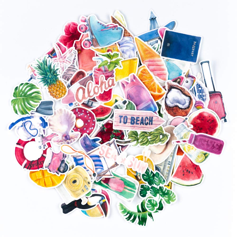 ALOHA SUN Waterproof Sticker Pack - 70pcs Tropical Sea & Sun Designs for Scrapbooking, Journals, Luggage, Laptops & Water Bottles | Perfect for DIY Crafts, Travel Accessories & Planner Decorations