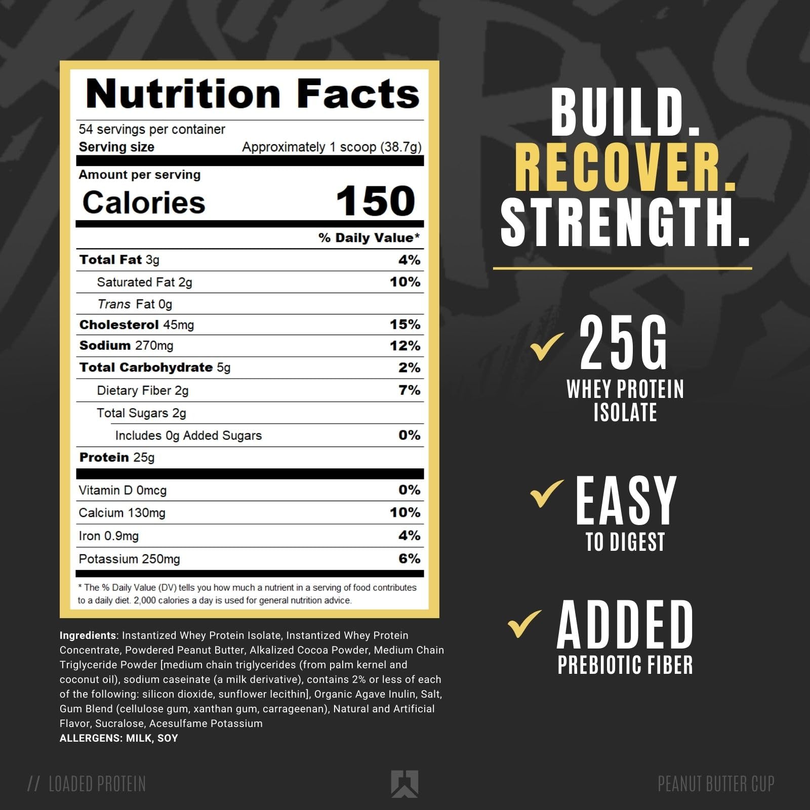 Ryse Loaded Protein Powder - 25g Whey Protein Isolate & Concentrate with Prebiotic Fiber & MCTs | Low Carb Low Sugar Supplement | 54 Servings Peanut Butter Cup Flavor for Post-Workout Recovery & Muscle Building