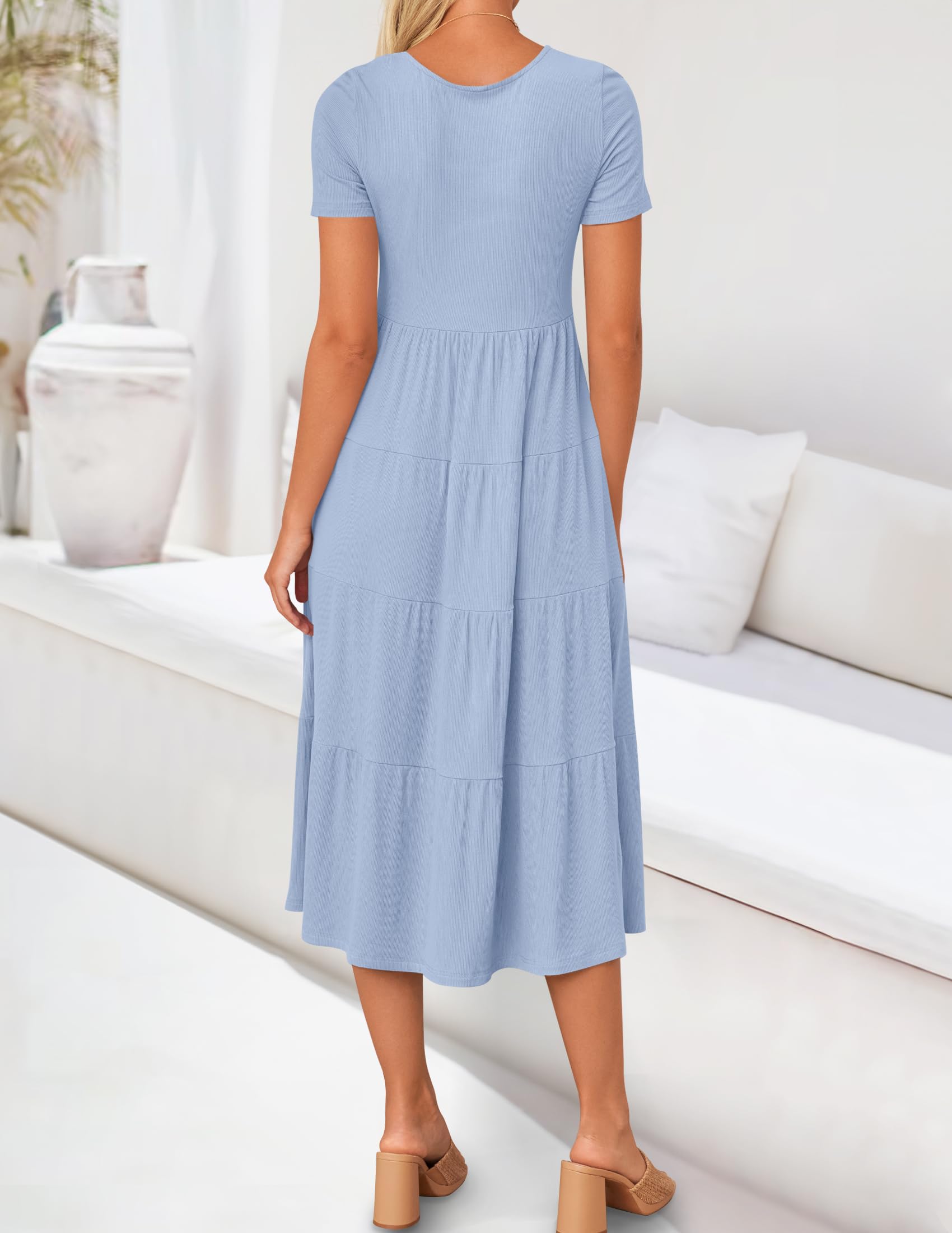 ZESICA Women's Summer Casual T-Shirt Dress - Short Sleeve Scoop Neck Flowy Tiered Midi Dress with Pockets | Beach Cover Up, Vacation Outfit, Lounge Wear, Street Style Fashion