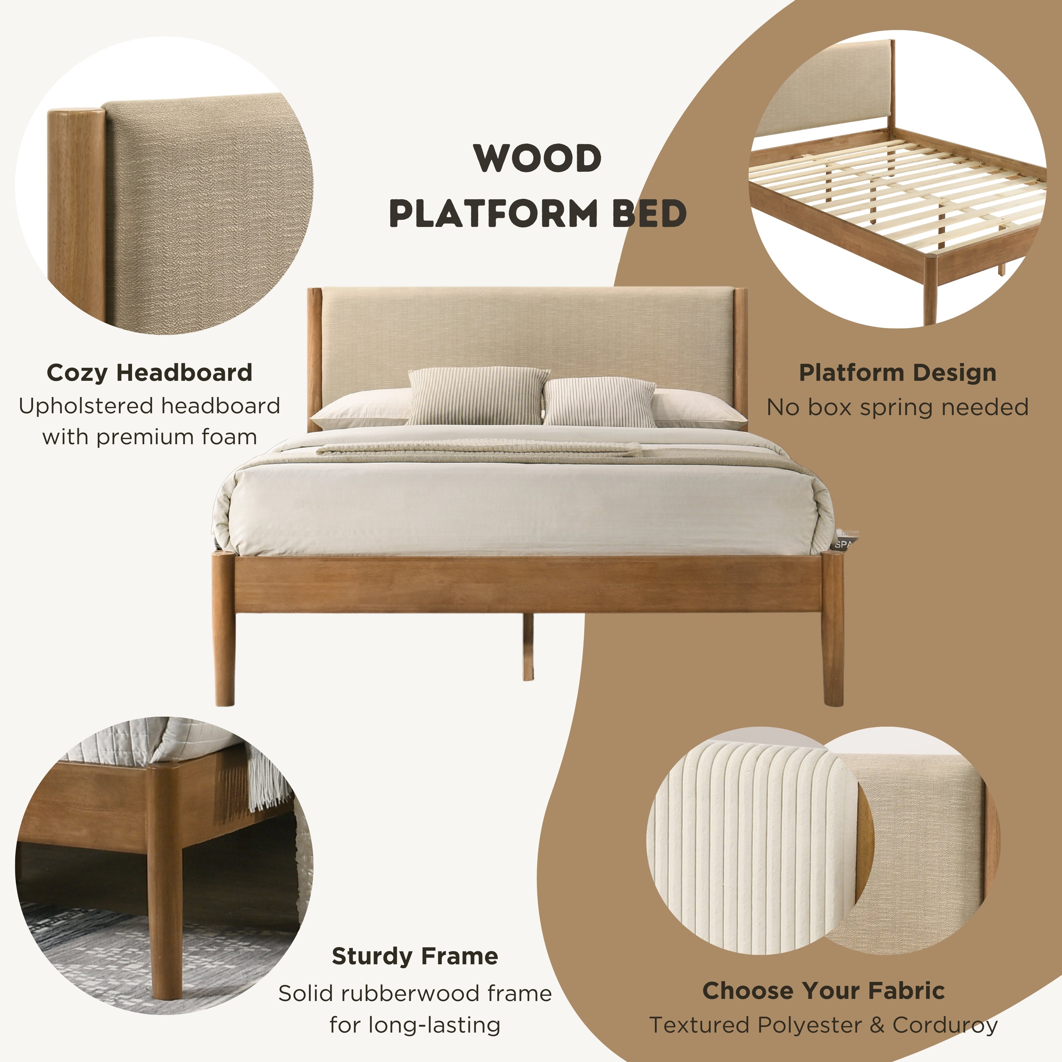 Roundhill Furniture Vichy 5-Piece Rubberwood Bedroom Set - Queen Upholstered Bed, Chest, Dresser, Mirror & 2 Nightstands | Solid Wood Furniture for Master Bedroom, Guest Room & Apartment Decor