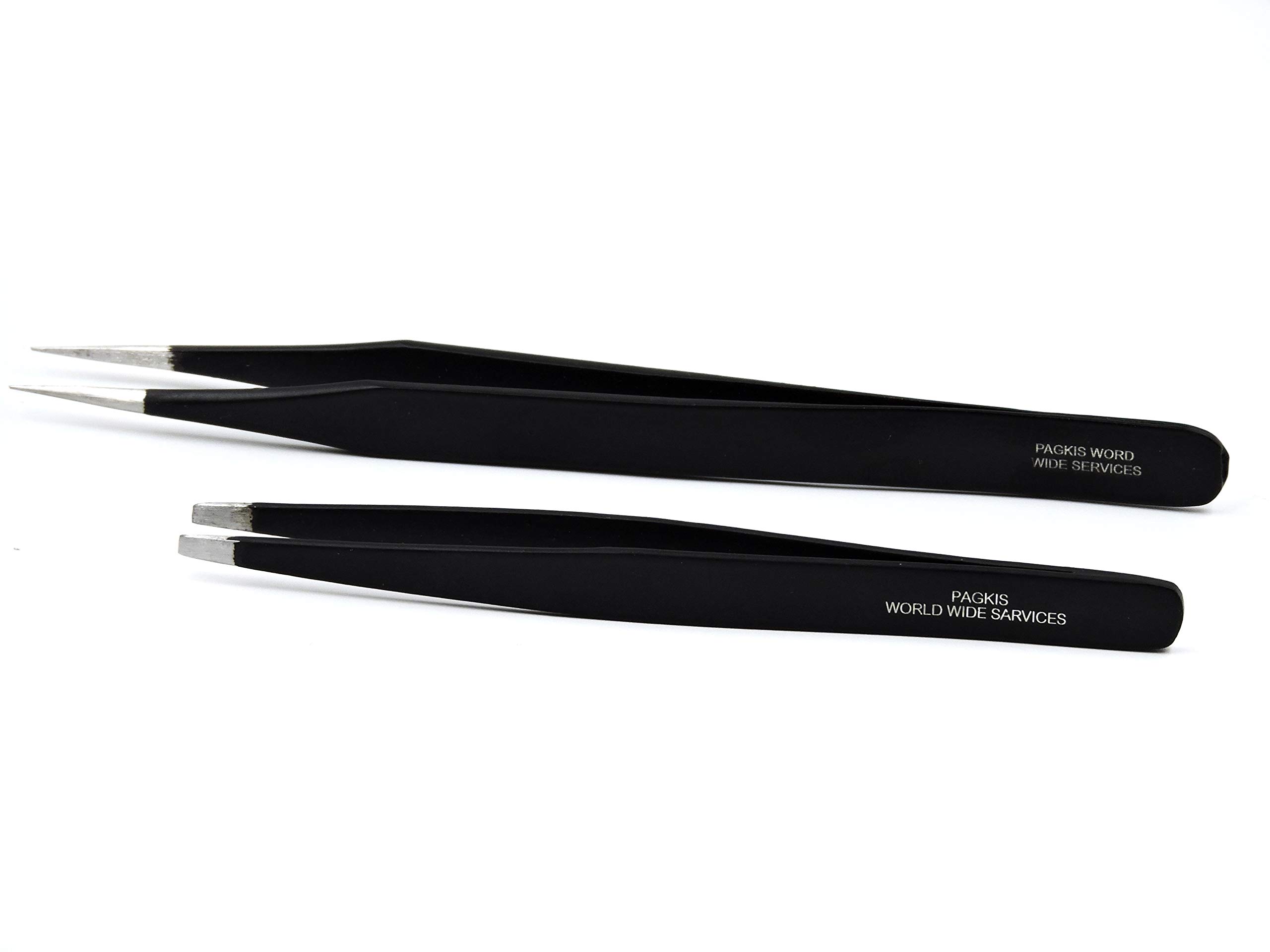 PagKis 2-Piece Stainless Steel ESD Safe Tweezers Set - Anti Static Straight Pointed & Flat Tip Electronics Repair Tools for Circuit Boards, Jewelry Making, and Precision Crafting (Black)