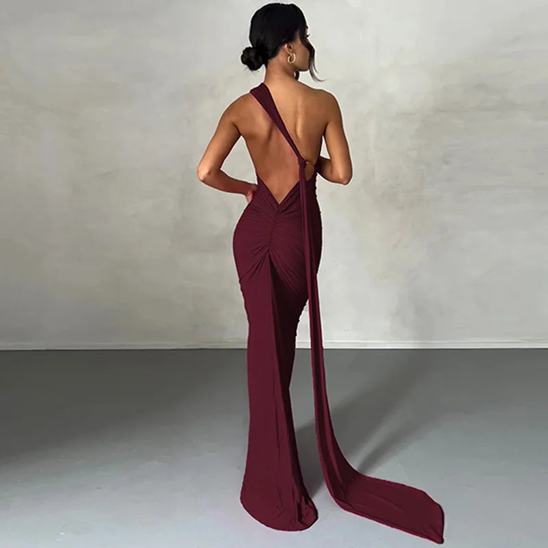 2023 New Fashion Elegant Maxi Dress for Women - Sexy One Shoulder Bodycon Slim Pleated Solid Backless Party Dress | Perfect for Club Nights, Evening Events & Special Occasions