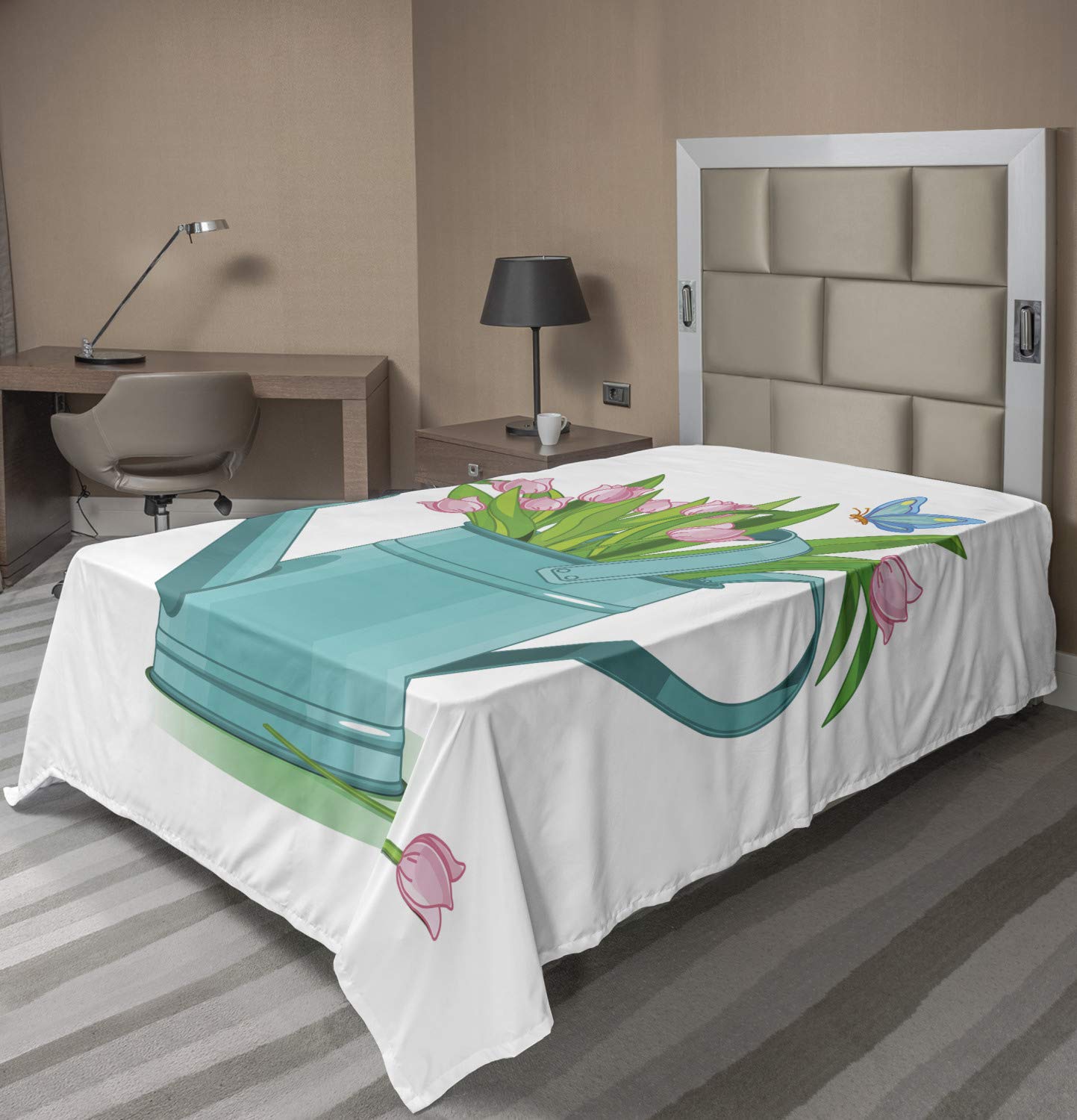 Ambesonne Floral Flat Sheet - Tulip Bouquet in Watering Can with Cartoon Butterflies, Soft Decorative Bedding for Twin Size Bed | Gardening Theme Home Decor, Perfect for Kids Room & Spring Bedroom Makeover