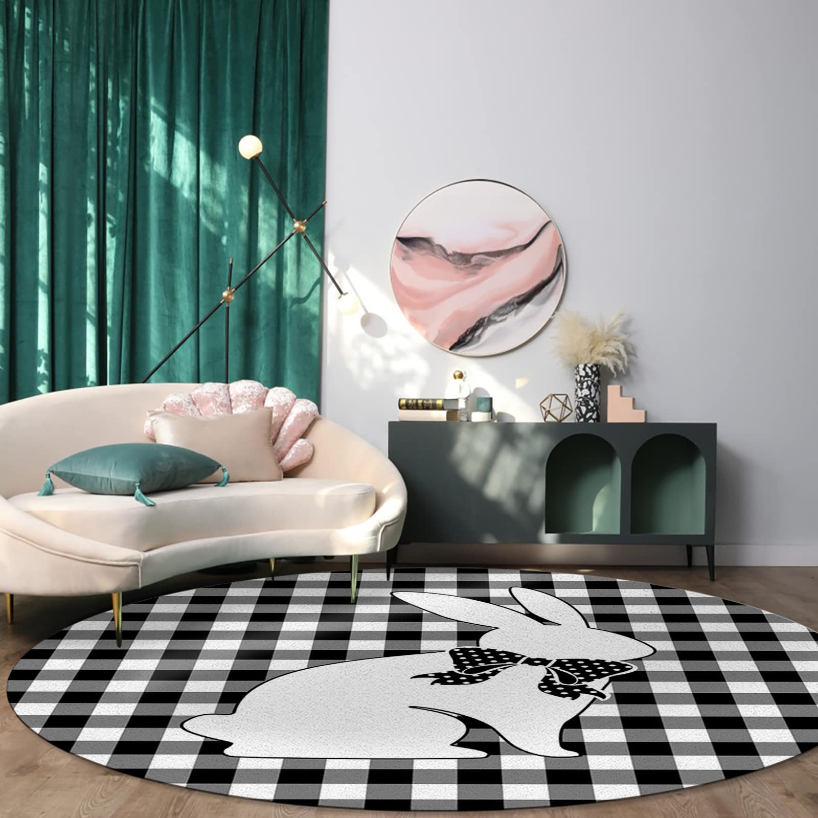 6 ft Round Easter Bunny Area Rug - Soft Microfiber Non-Slip Circular Carpet for Living Room, Bedroom - Anti-Shedding Plush Floor Mat with Black White Plaid Bow Tie Design - Perfect for Spring Decor, Home Staging & Cozy Spaces