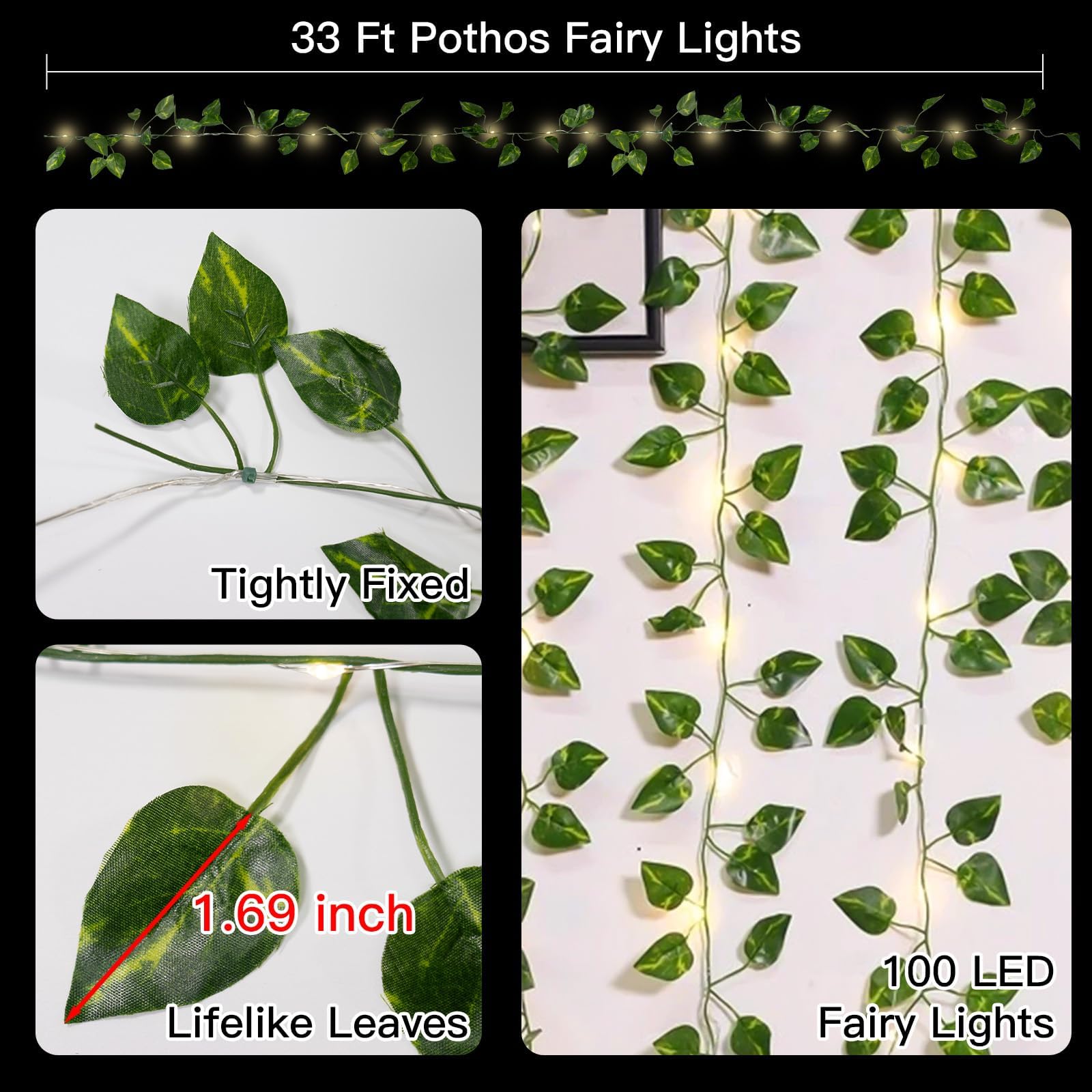Suddus 33ft 100 LED Vine Fairy Lights with Remote - Battery Operated Pothos String Lights for Bedroom, Wall, Garden, Party & Wedding Decor (Warm White) | Romantic Ambiance, Outdoor Lighting, Home Decoration