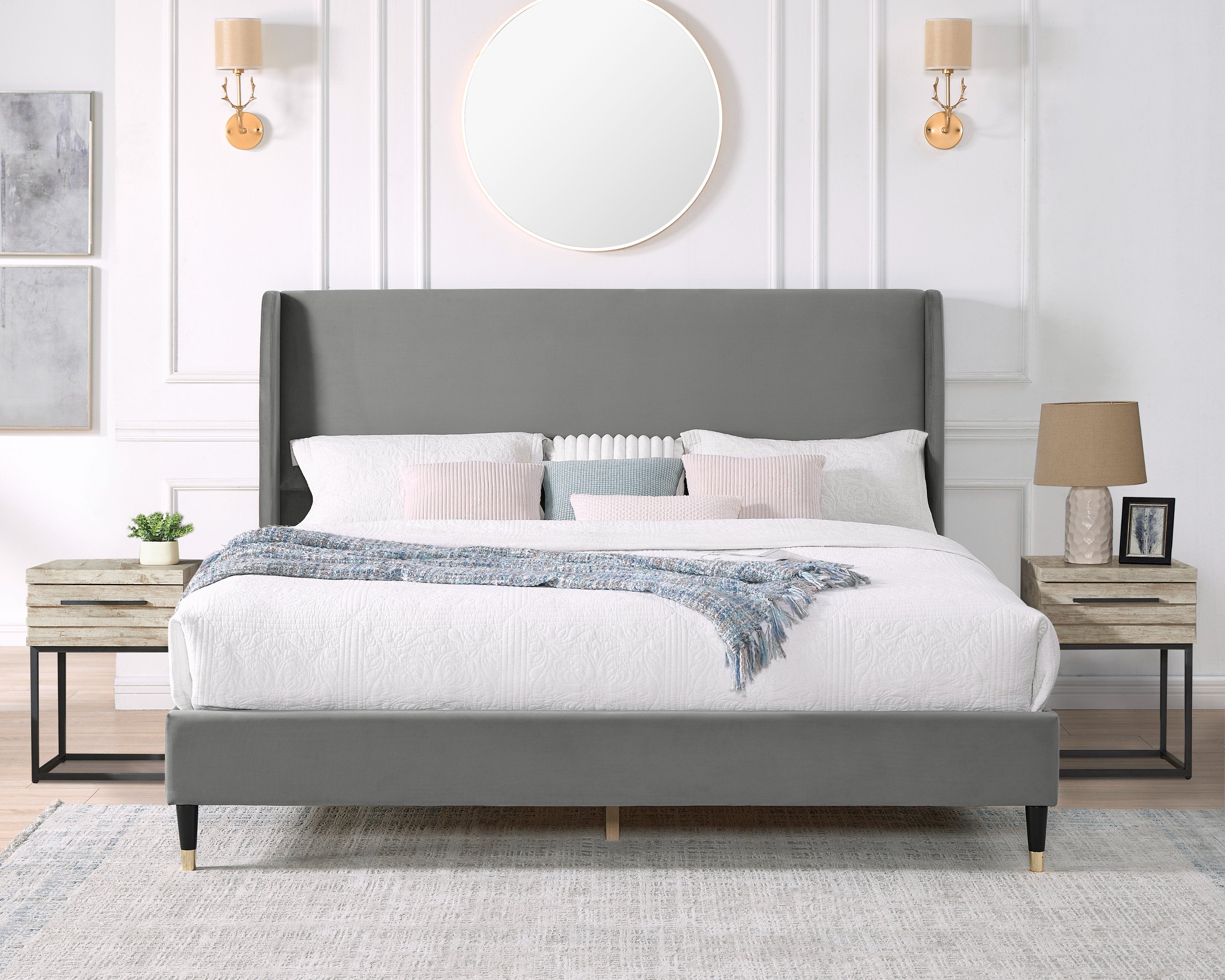 Roundhill Furniture Rozitta Upholstered Wingback Platform Bed Frame - Queen Size Upholstered Bed with Button Tufted Headboard for Bedroom, Modern Luxury Bed Frame with Sturdy Wooden Slat Support (Perfect for Master Bedroom, Guest Room or Apartment)