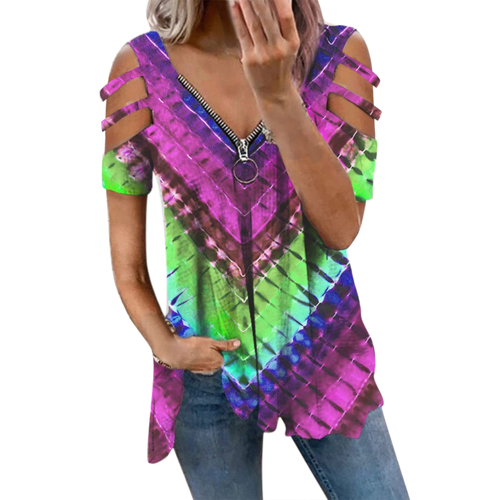 Women's Off Shoulder Zip Up V-Neck T-Shirt - Sexy Short Sleeve Loose Fitting Graphic Blouse | Casual Wear, Date Night, Summer Outfits
