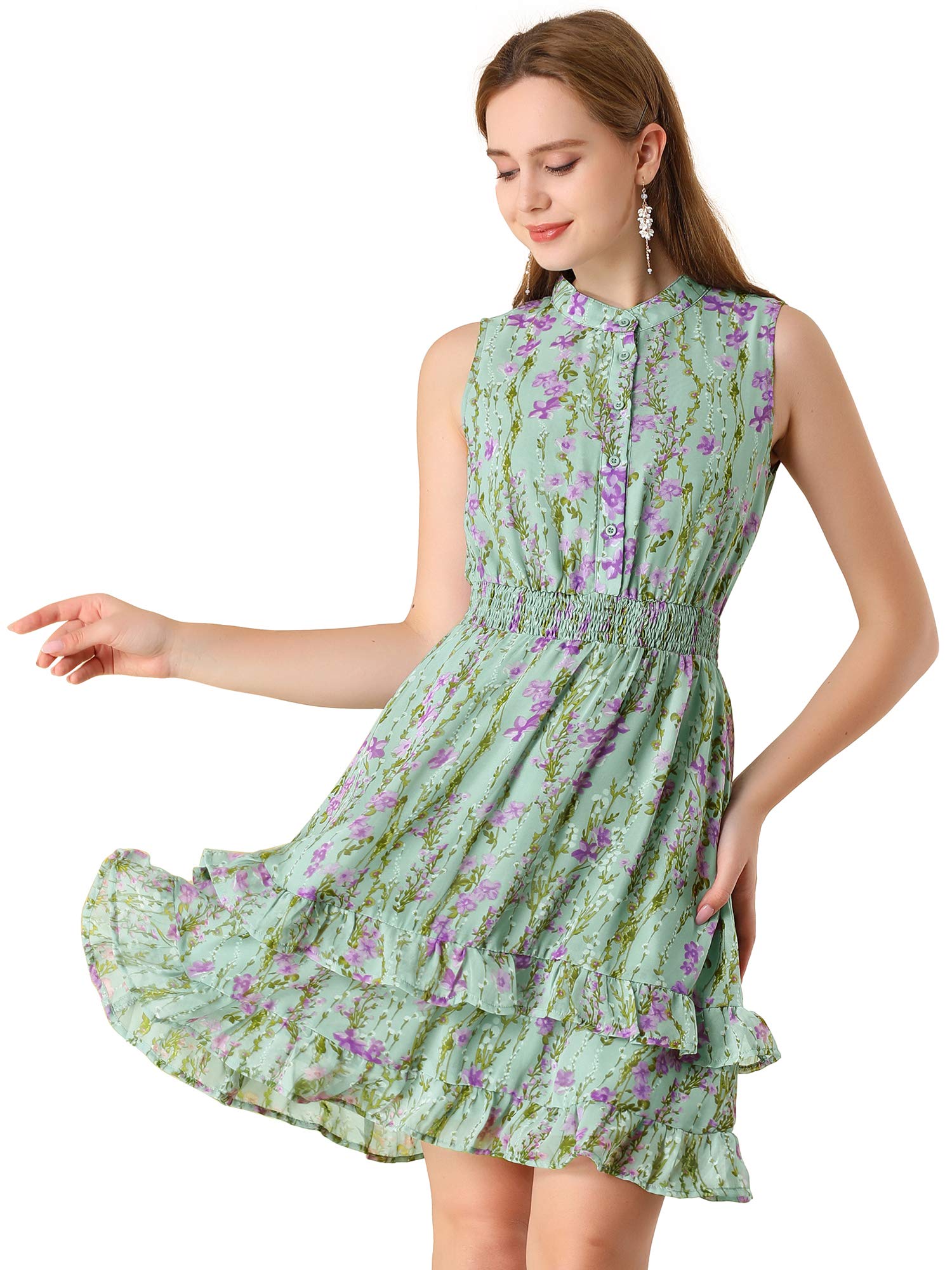 Allegra K Women's Mini Smocked Dress - Sleeveless A-Line Chiffon Floral Summer Dress for Casual Wear, Beach, Party & Date Night