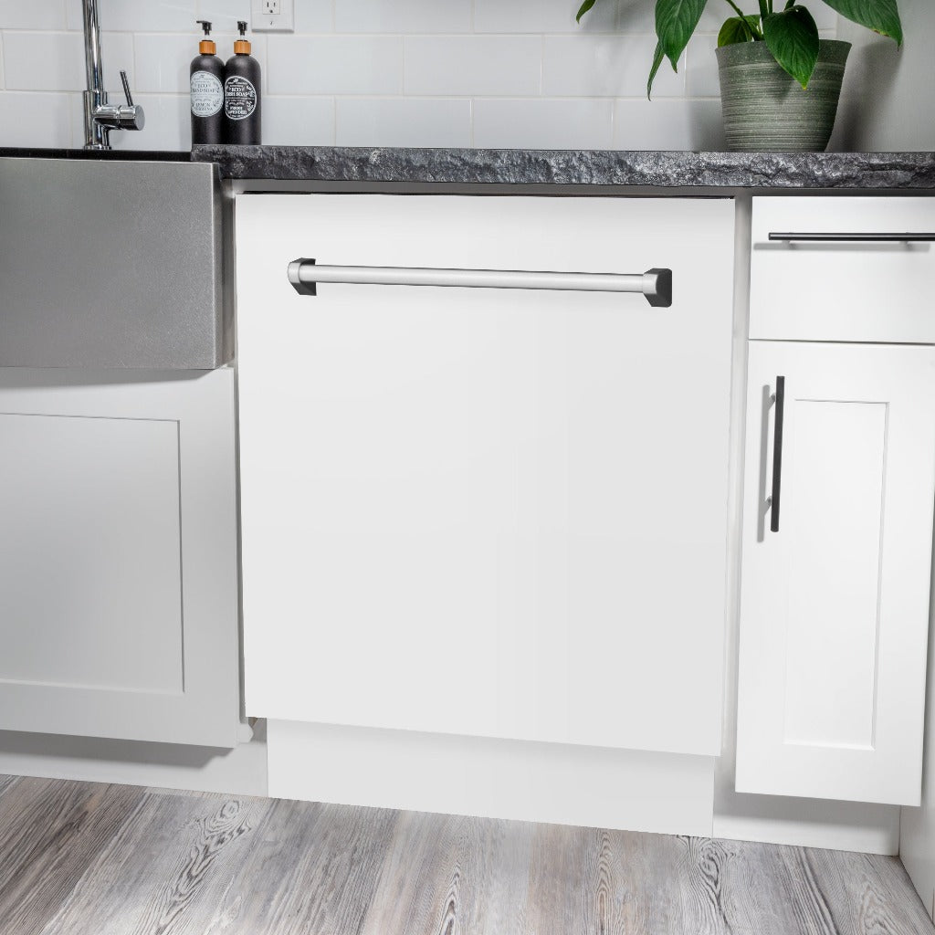 ZLINE 24 Inch Tallac Series 3rd Rack Tall Tub Dishwasher in White Matte with Stainless Steel Tub - 51dBA Quiet Operation for Modern Kitchens (DWV WM 24)