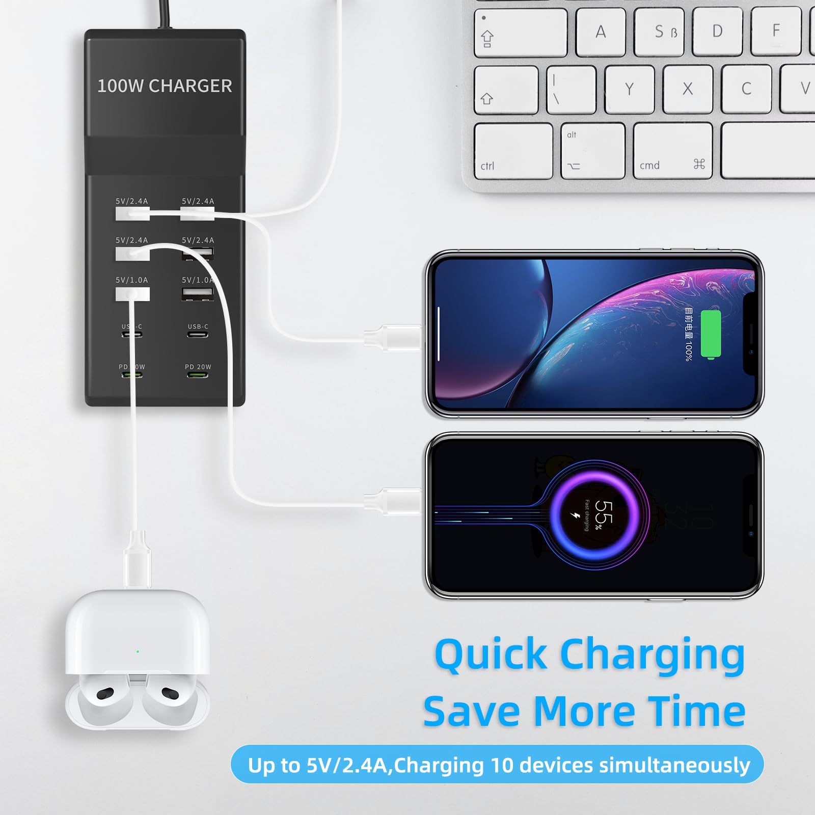 Csevanli 100W 10-Port USB Charging Station - Fast Charger Hub for iPhone 15/14 Pro Max, iPad Pro, Samsung Galaxy S21, Nintendo Switch - Multi-Device USB C Power Strip for Home, Office & Travel (Black)