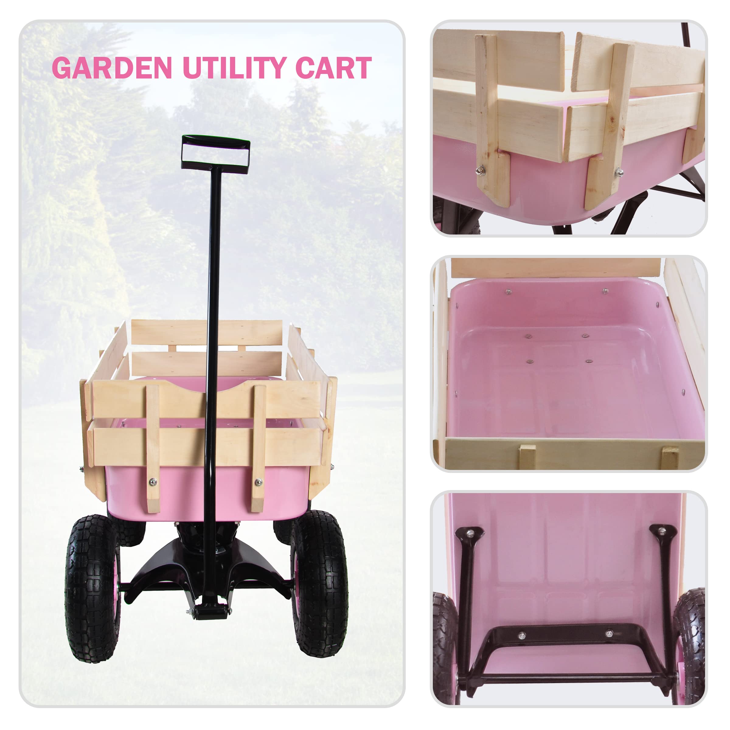 Heavy Duty Steel Wooden Side Support Cargo Wagon with 10” All-Terrain Air Tires - 176lb Capacity Foldable Garden Cart for Kids Toys, Gardening Supplies, Beach Gear & Home Projects (Pink) | Perfect for Outdoor Adventures, Yard Work & Family Fun