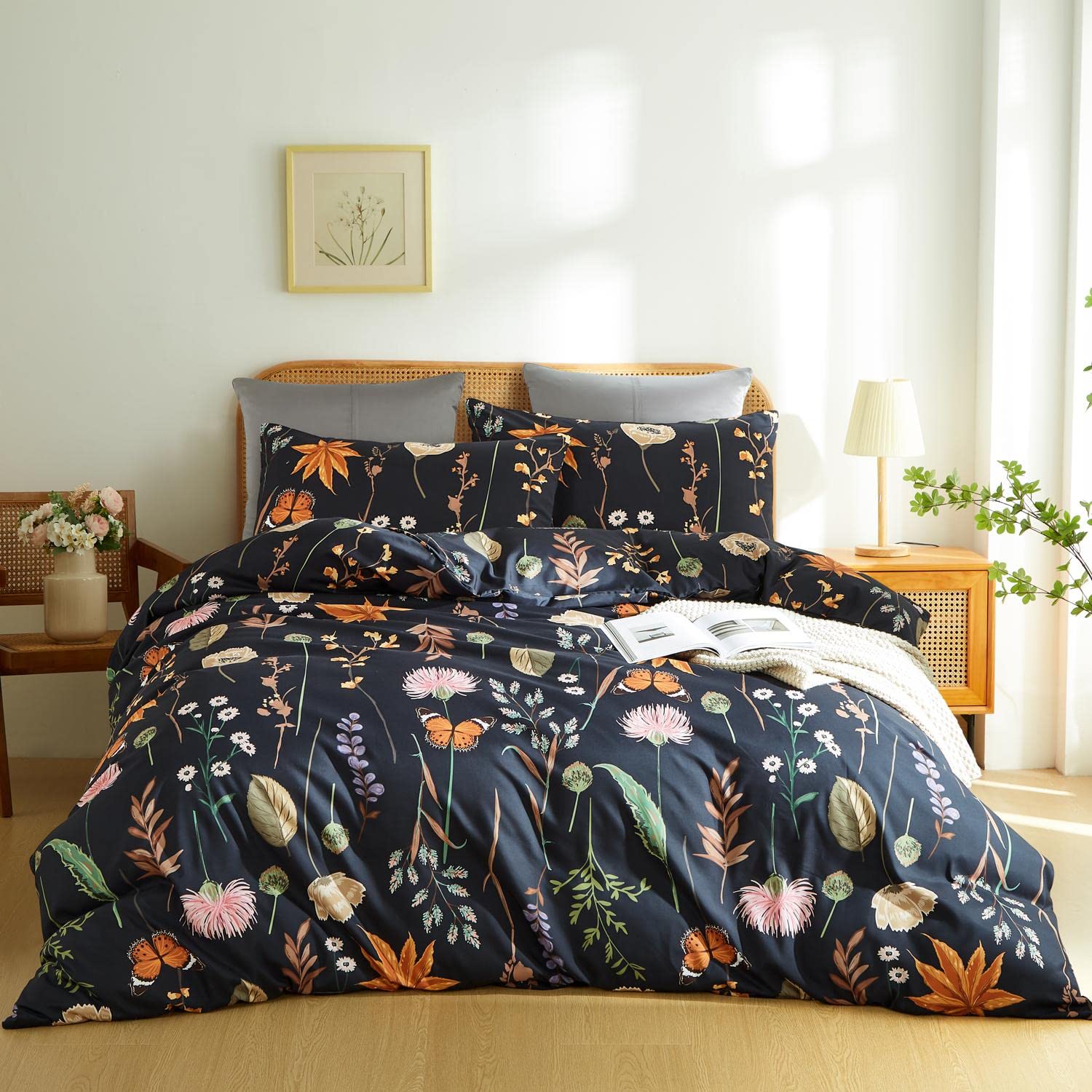 Floral Duvet Cover Set Twin - Black & Pink Botanical Print with Yellow Butterflies | 3-Piece Soft Microfiber Bedding Set with Zipper Closure | Perfect for Teen Rooms, Guest Bedrooms & Boho Chic Decor