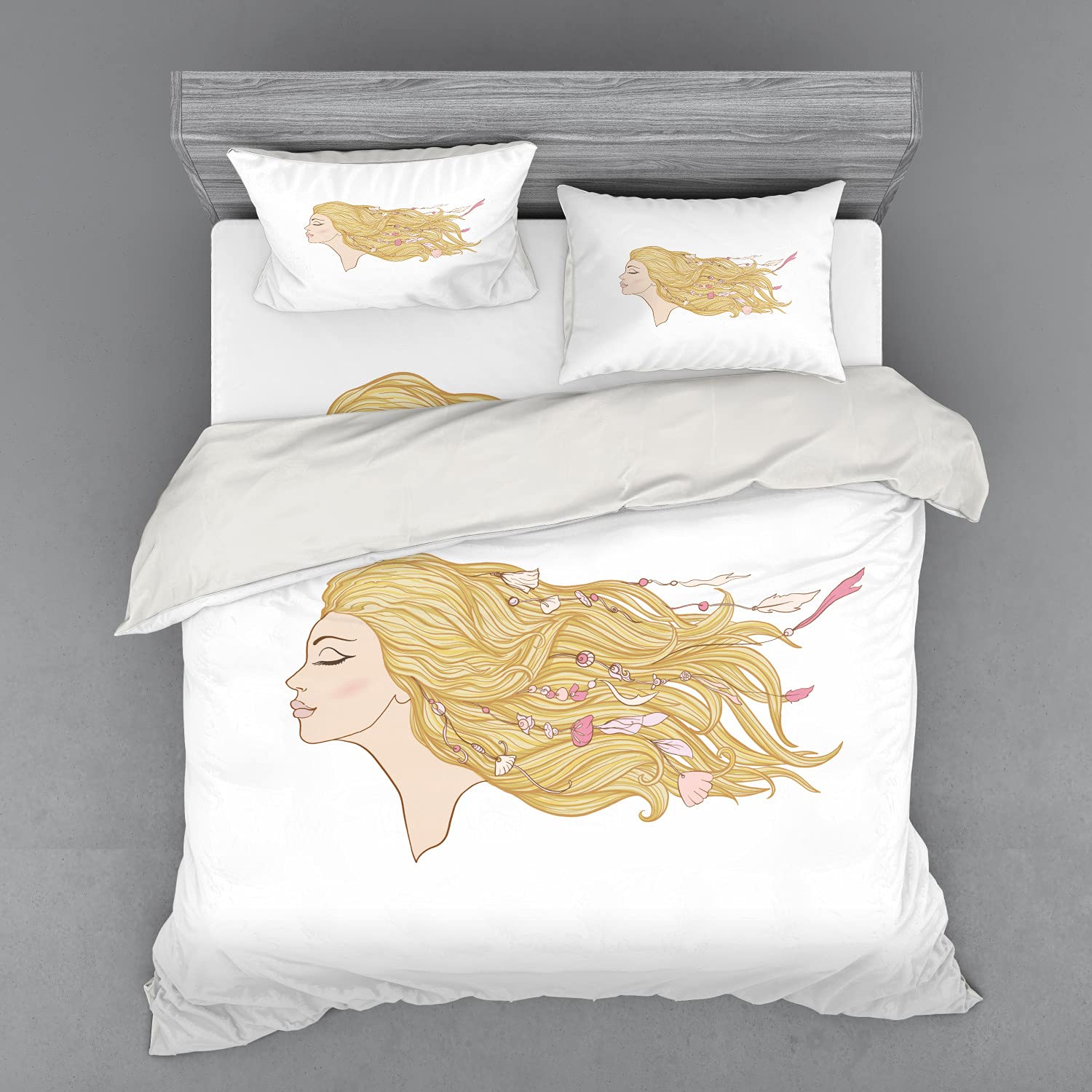 Ambesonne Bohemian Duvet Cover Set - King Size 4-Piece Bedding with Shams & Fitted Sheet, Pale Peach Brown - Hippie Chic Young Woman with Seashell Beads Design - Perfect for Boho Bedroom Decor, Spring Refresh & Beach House Styling