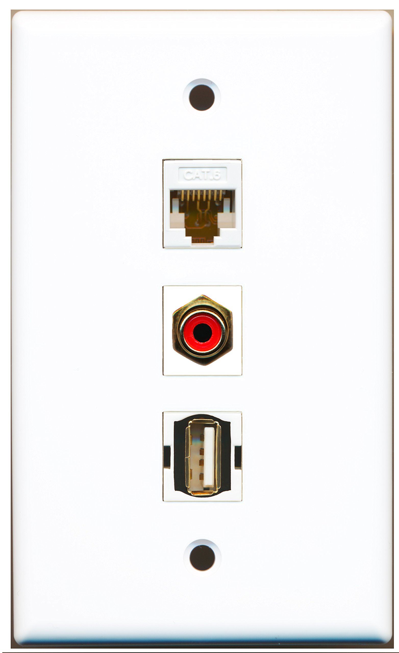 RiteAV 1-Port RCA Red, 1-Port USB A-A, and 1-Port Cat6 Ethernet White Wall Plate - Ideal for Home Theater, Office Networking & Smart Home Installations