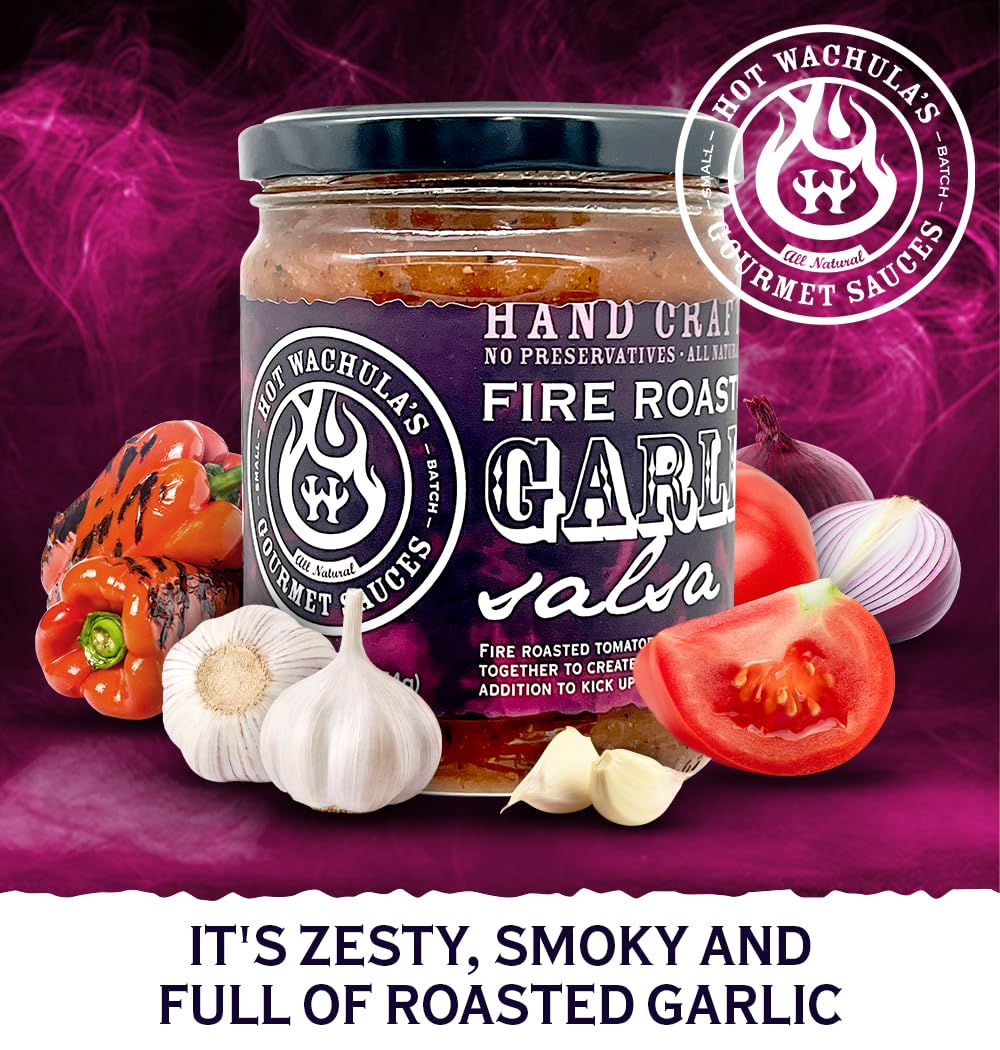 Hot Wachula’s Fire Roasted Garlic Salsa - Medium Spicy, Handcrafted Small Batch Salsa with Fresh All-Natural Ingredients | Gluten Free, Low Sodium | Perfect for Chips, Tacos, Nachos & BBQs