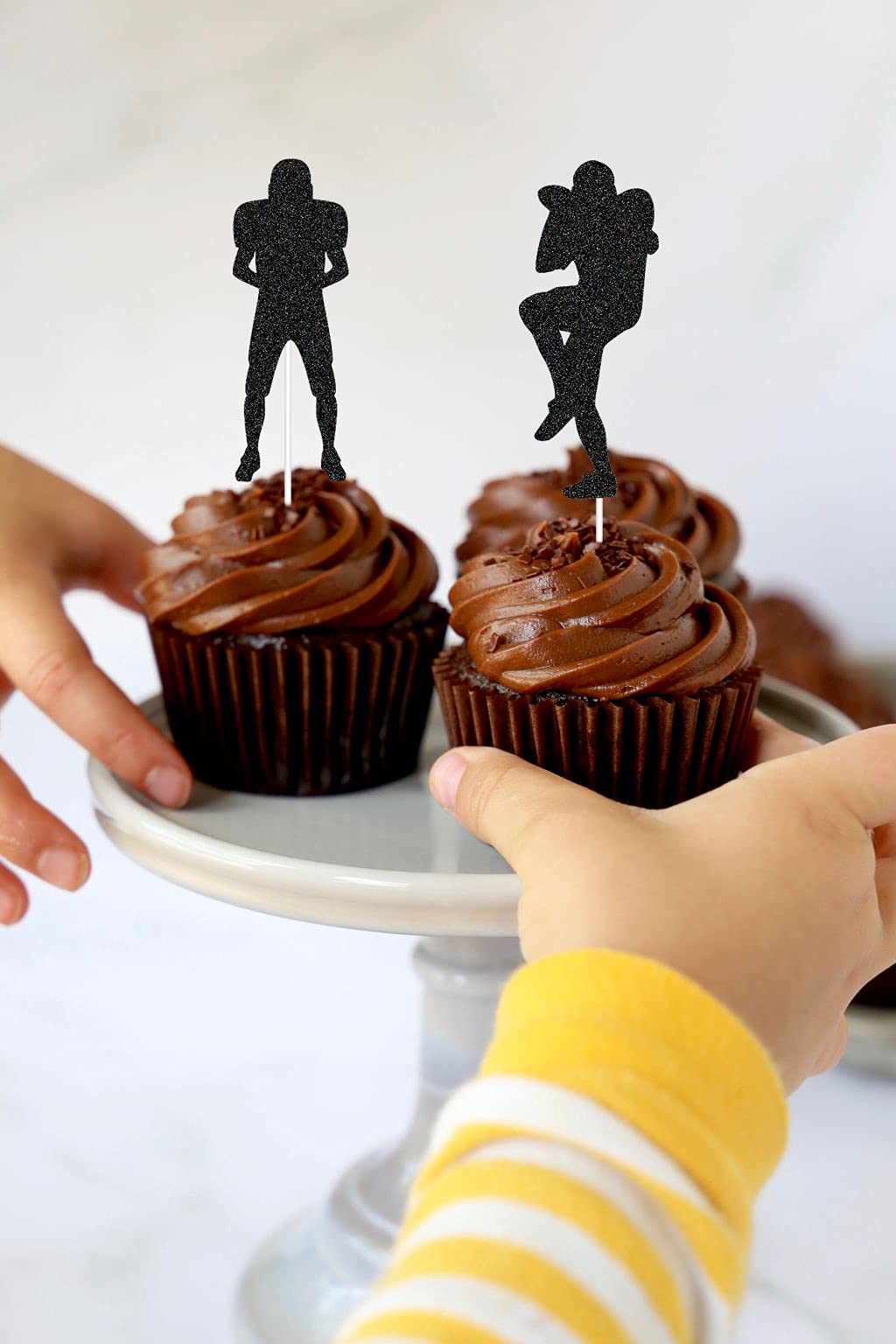 American Football & Rugby Cupcake Toppers - 24pcs Sports Themed Party Decorations for Men's Birthday, Black Glitter Ball Game Toppers - Perfect for Game Day Parties, Sports Themed Birthday Cakes, and Tailgating Events