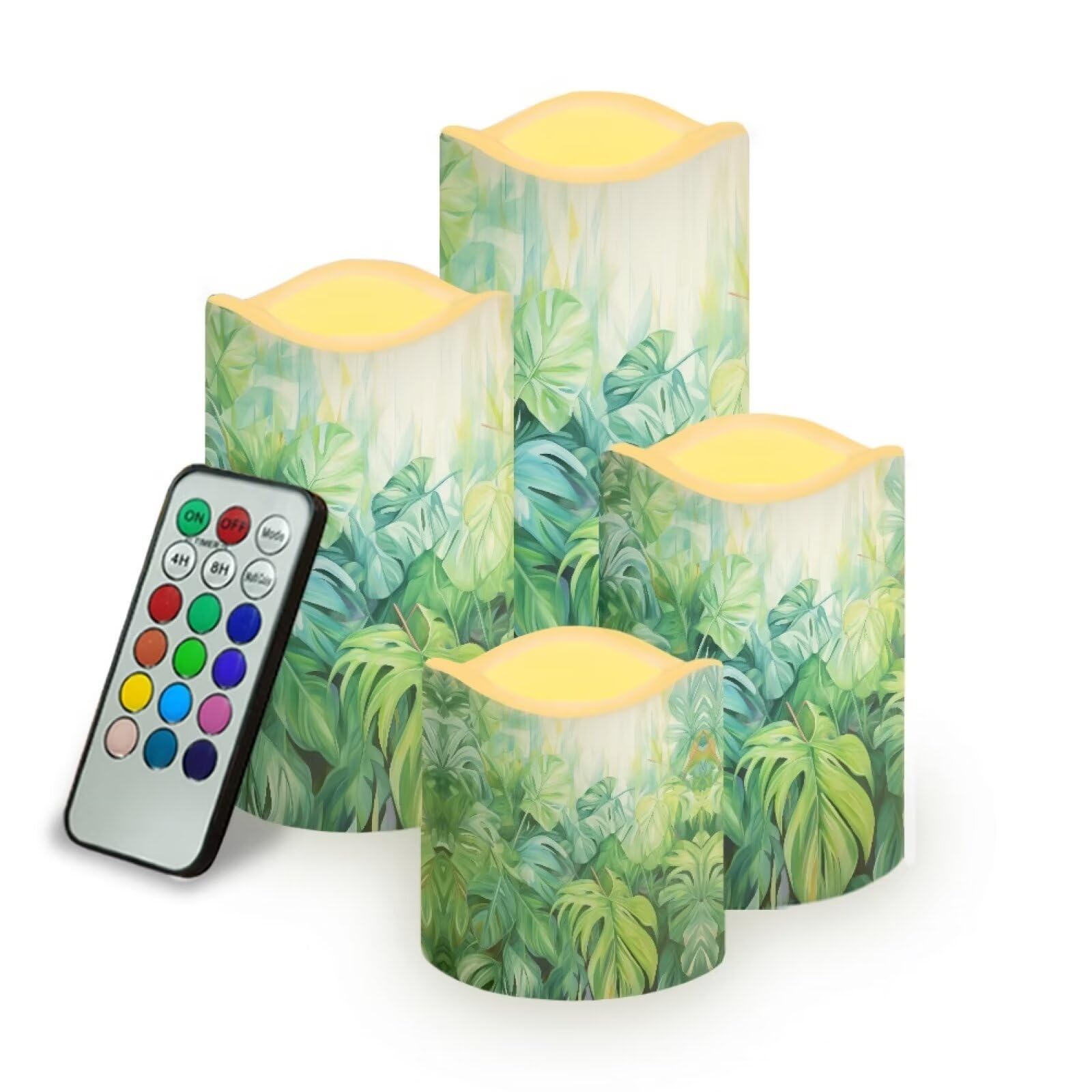Ystardream Tropical Leaf Flameless LED Candles - Set of 4 Battery Operated Candles with Remote & Timer, Realistic Decorative Flameless Candles for Home, Wedding, Birthday Party Decor - Perfect for Centerpieces, Romantic Dinners & Holiday Ambiance