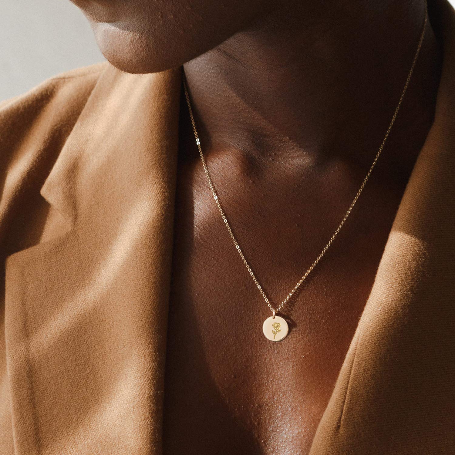 14K Gold Plated Floral Coin Pendant Necklace for Women - Personalized Birth Month Flower Jewelry, Engraved Gift for Birthday, Anniversary & Special Occasions | Elegant Layering Necklace for Everyday Wear & Formal Events