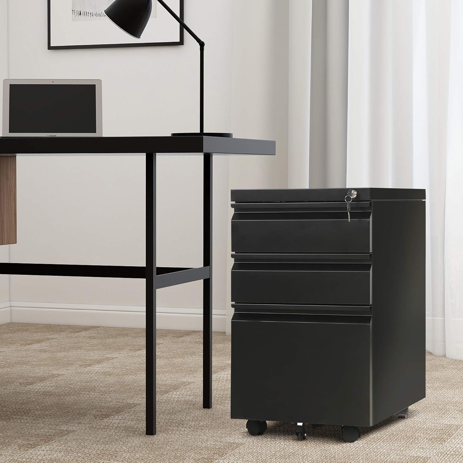 SUPEER 3-Drawer Rolling Metal Filing Cabinet - Under Desk Lockable Storage with Hanging Files for Office Documents, Stationery & Printers | Perfect for Home Office & Workspace Organization