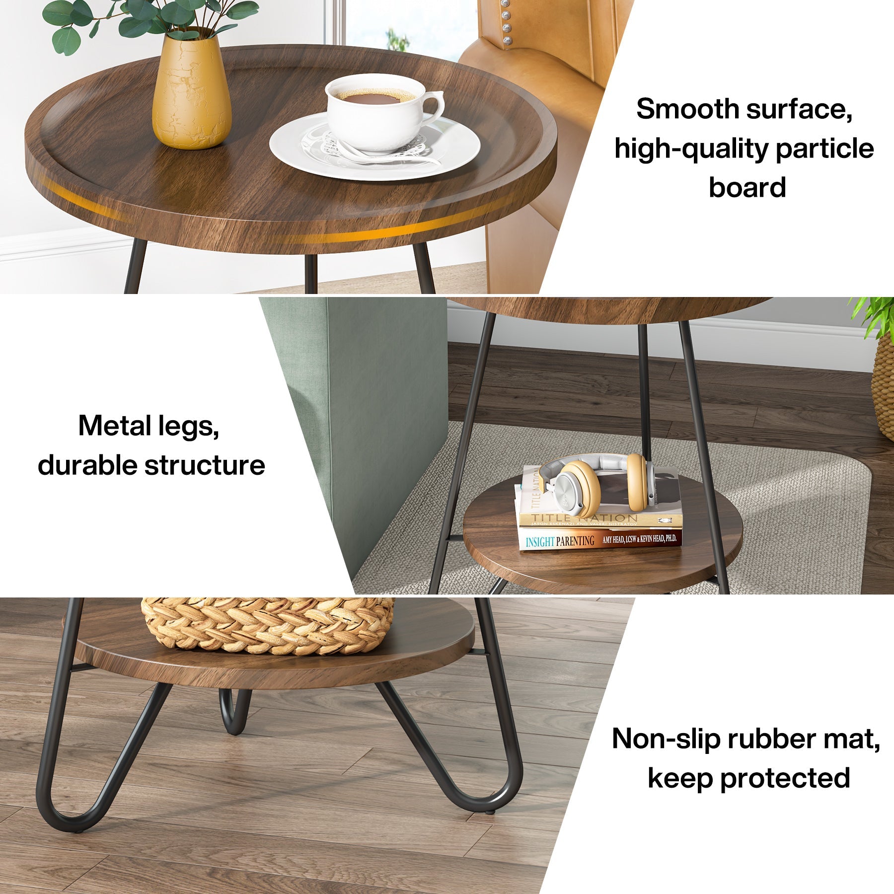 Round End Table with Metal Legs - 2 Tier Side Table for Living Room, Bedroom & Office - Modern Accent Table for Small Spaces & Home Decor