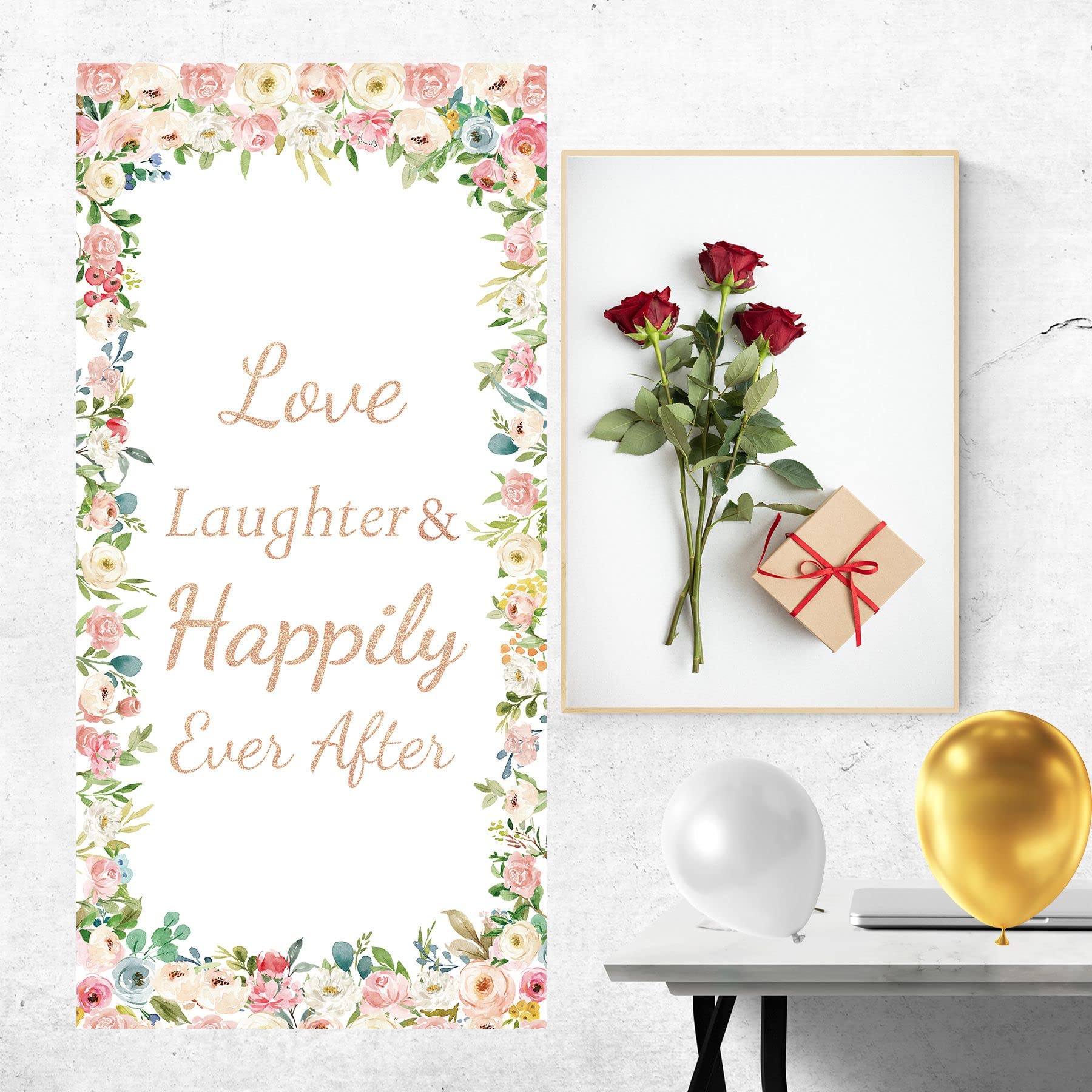 Joyiou Love Laughter Happily Ever After Backdrop Banner - Wedding, Engagement Party Decorations - Bridal Shower Door Cover & Photo Booth Props - Perfect for Wedding Receptions, Anniversary Celebrations & Romantic Photo Shoots