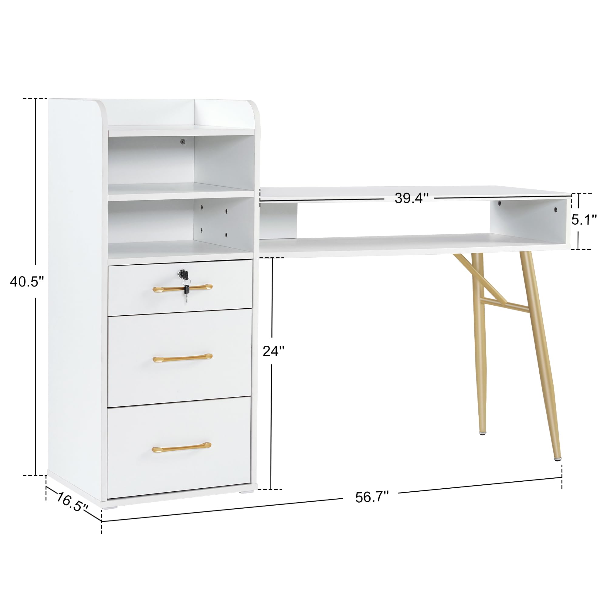Professional BarberPub Manicure Table with 3 Drawers & 4 Shelves - Gold Handle Nail Tech Desk for Beauty Salon & Spa - White Nail Artist Workstation with Sturdy Legs - Perfect for Nail Art, Pedicures & Salon Equipment Organization DC2605