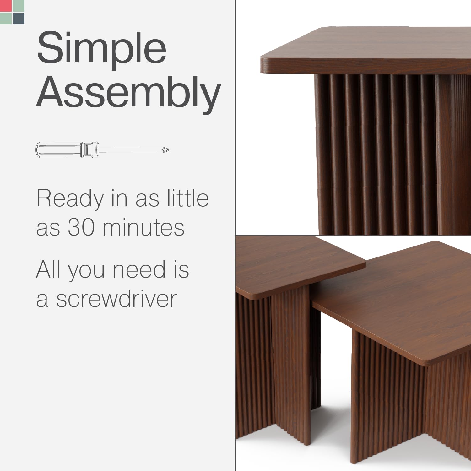 Square Fluted Nesting Coffee Table Set - 2 Piece Low Profile Modern Living Room Furniture with Solid Oak Base (Walnut) - Perfect for Small Spaces, Apartments & Contemporary Home Decor