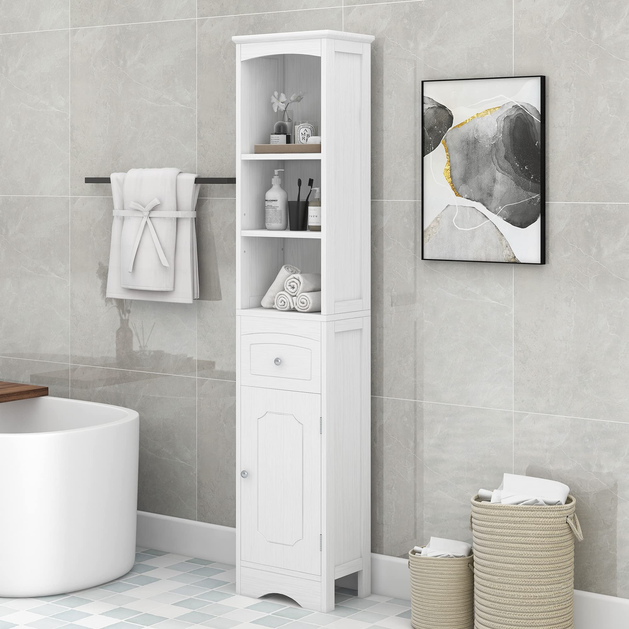LUKYRA 60-Inch Tall Bathroom Storage Cabinet with Adjustable Shelf & Drawer - White MDF Freestanding Organizer for Bathroom, Bedroom, or Laundry Room