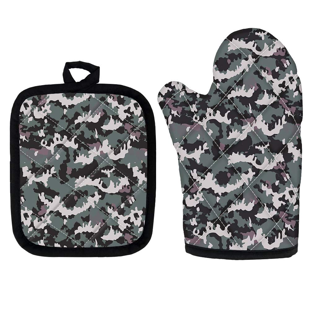 Heat-Resistant Army Green Camo Oven Mitts & Pot Holders Set for Safe Cooking