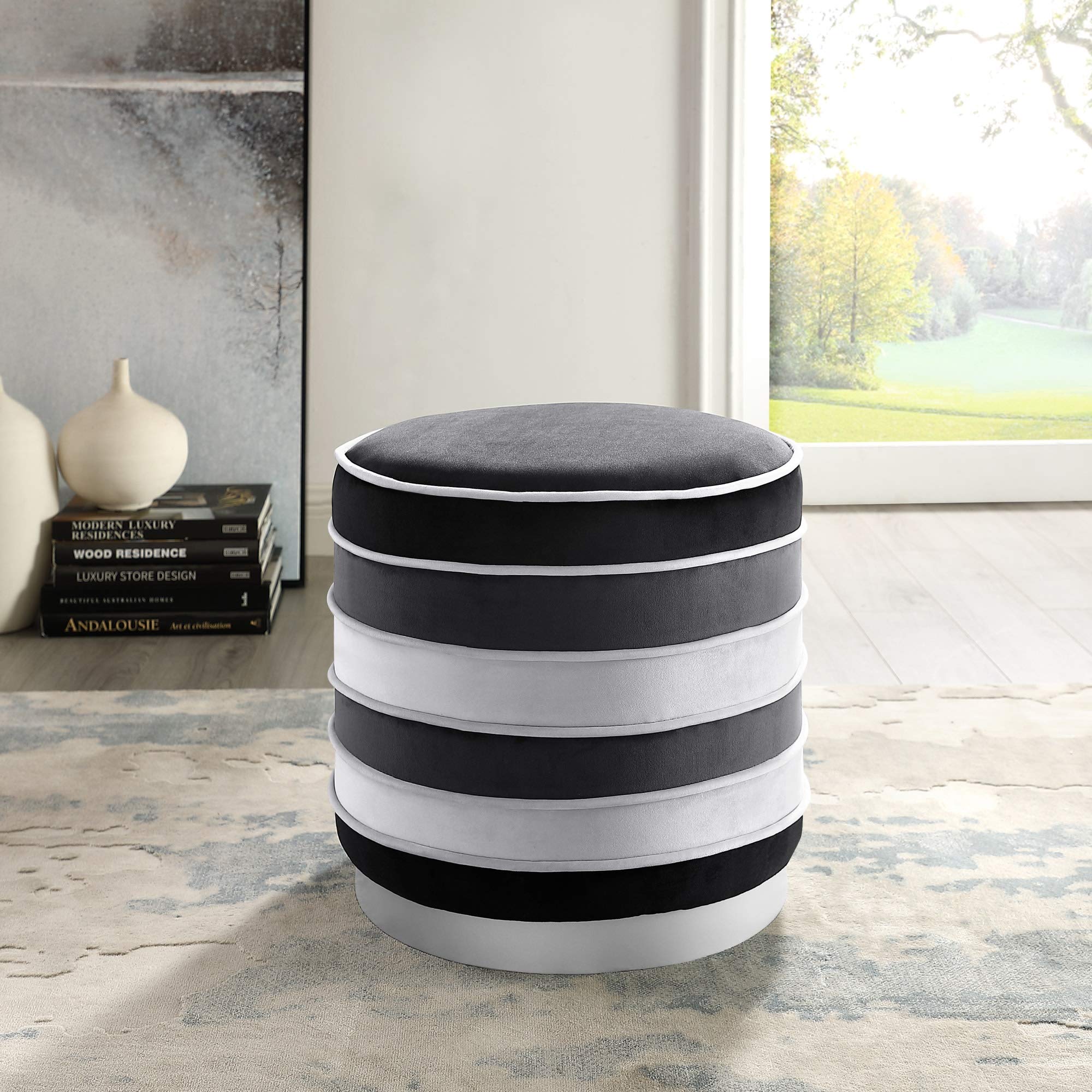 Nicole Miller Black Velvet Ottoman with Matte Metal Base - Cory Design Multi-Layered Storage Bench for Living Room, Bedroom & Entryway