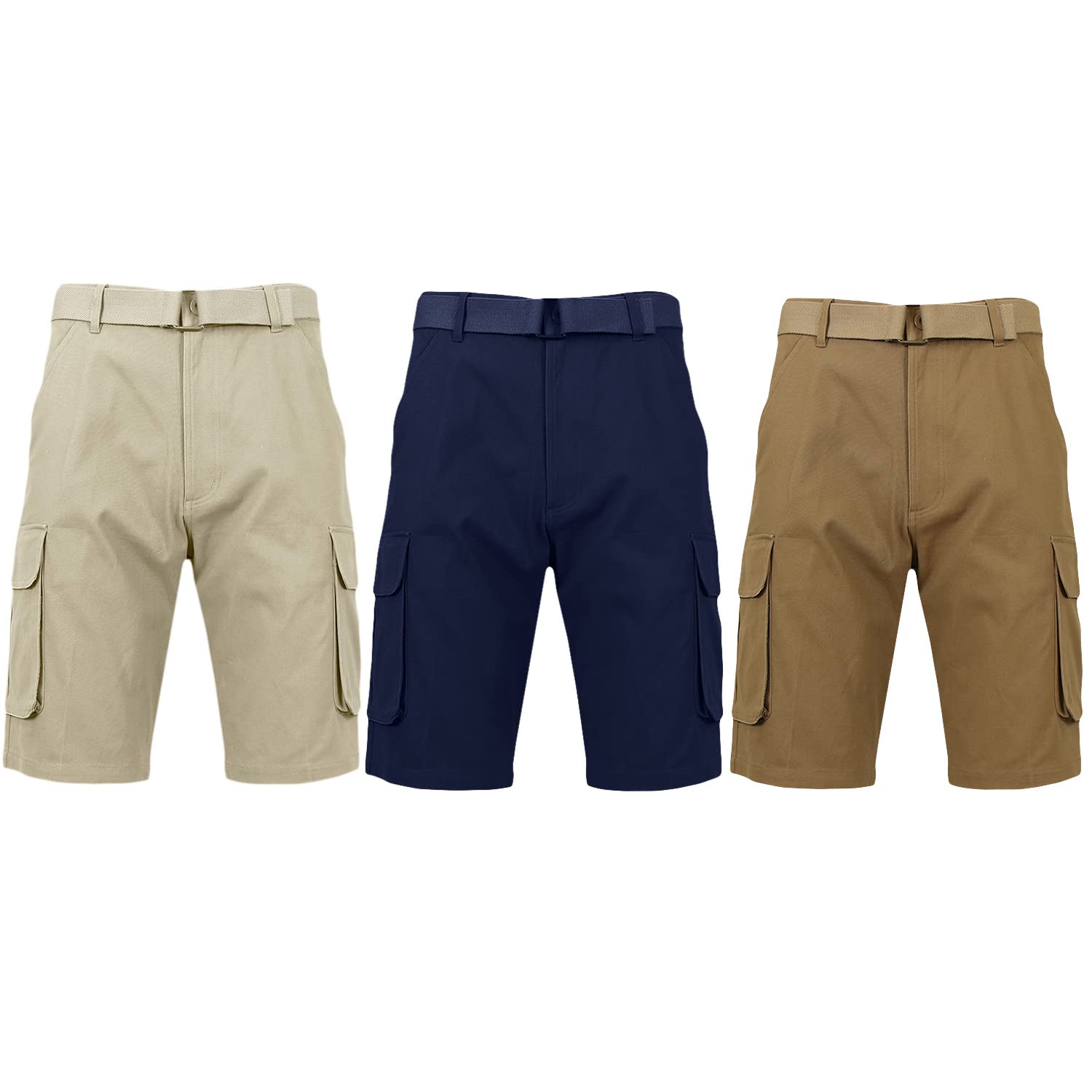 Harvic Men's Cotton Stretch Cargo Shorts with Belt & Multi-Pockets - 3 Pack Casual Shorts for Outdoor, Travel & Summer Wear