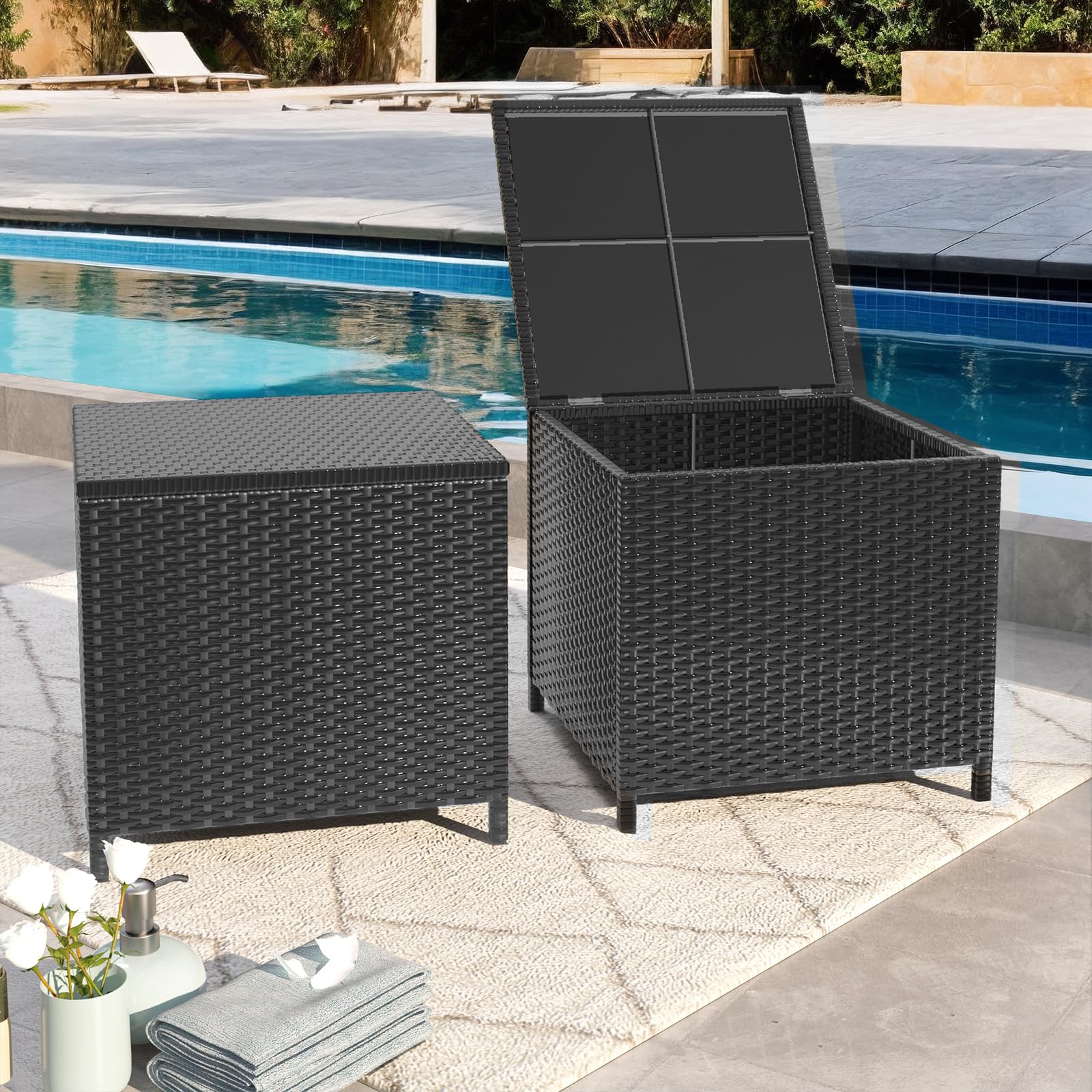 2-Piece Black Outdoor Wicker Side Table Set with Storage - Square Resin Rattan End Tables for Patio, Poolside & Backyard - Perfect for Storing Furniture Covers, Gardening Tools & Pool Toys (Weather-Resistant)