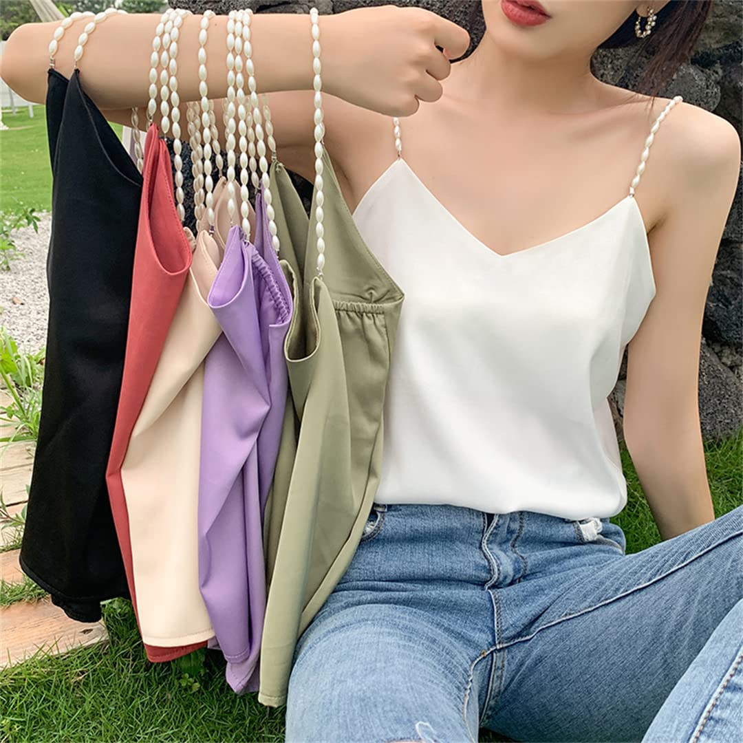 Women's V-Neck Satin Camisole - Spaghetti Strap Beaded Tank Top for Summer | Sexy Sleeveless Vest for Date Night & Beach Cover Up