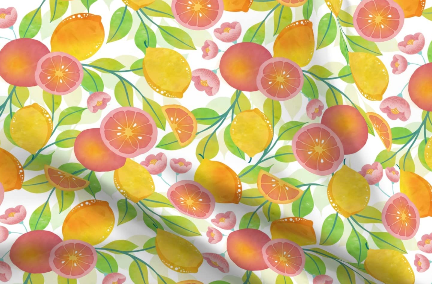 Citrus Fruit Printed Denim Fabric by The Yard - Grapefruit, Oranges & Lemons Design in Yellow, Pink & Green - Bottomweight for Apparel, Home Decor & Upholstery | Perfect for Summer Dresses, Curtains & DIY Crafts